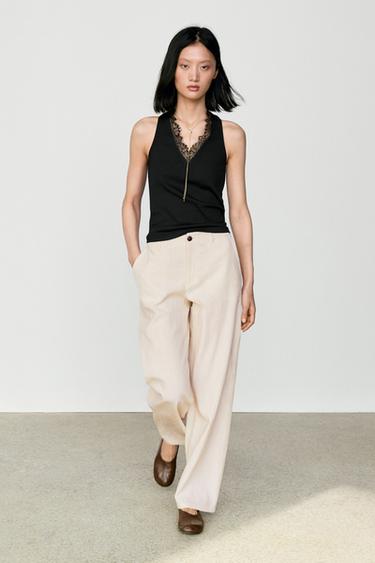 V-neck lace trim camisole top — BLACK 1