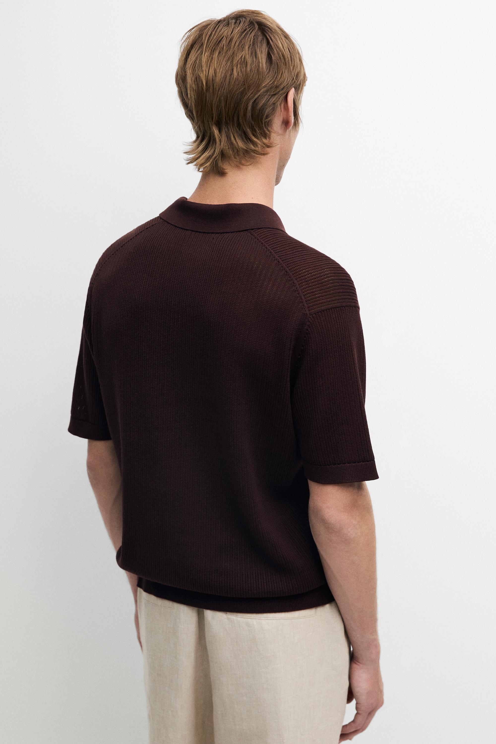 Cotton-blend V-neck knit polo shirt — BURGUNDY