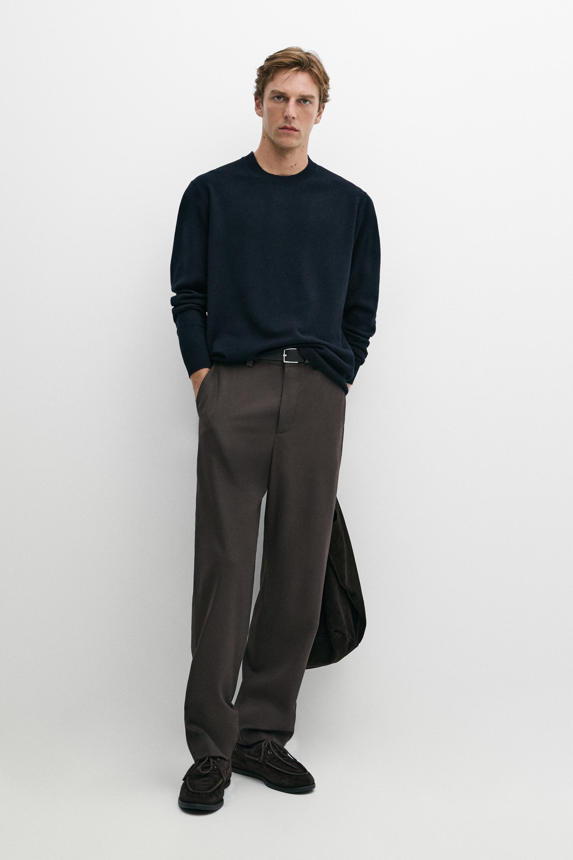 Wool blend round neck knit sweater — NAVY BLUE