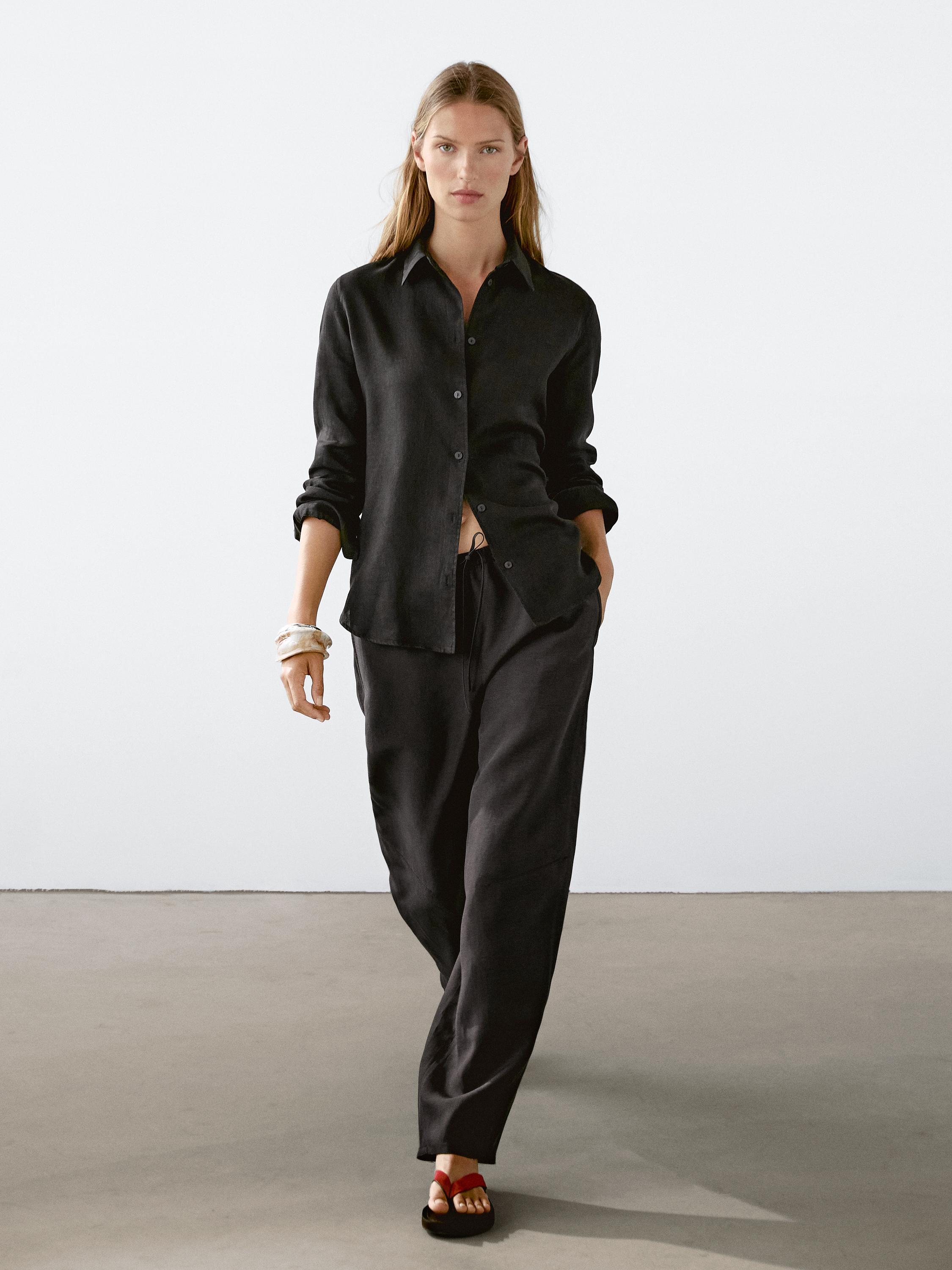 Celana panjang barrel fit campuran linen jatuh