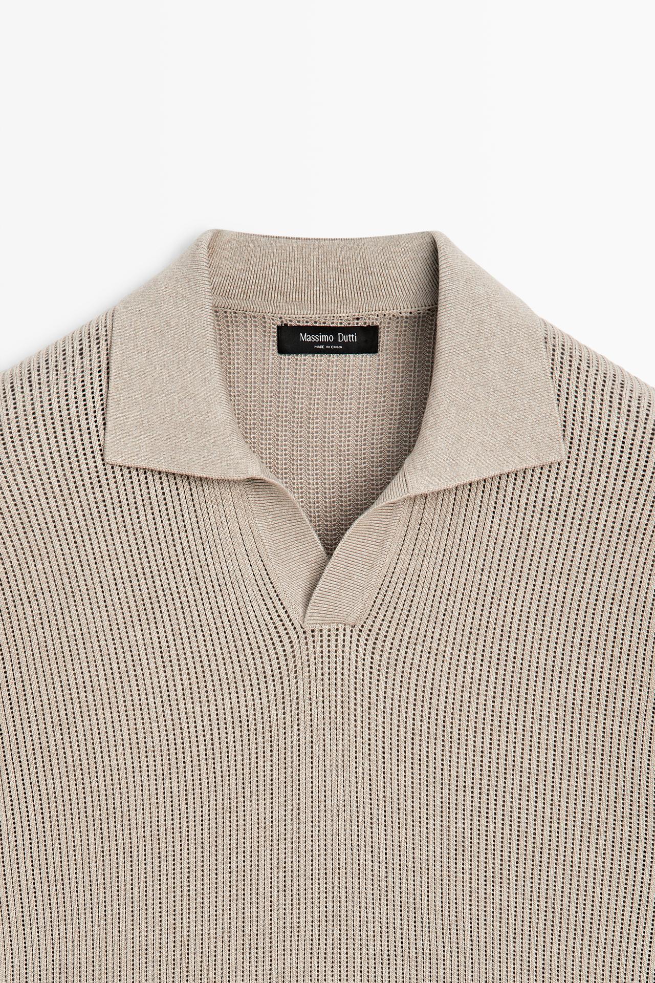 Cotton-blend V-neck knit polo shirt — MINK