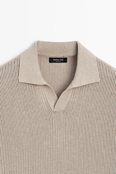 Cotton-blend V-neck knit polo shirt — MINK 9