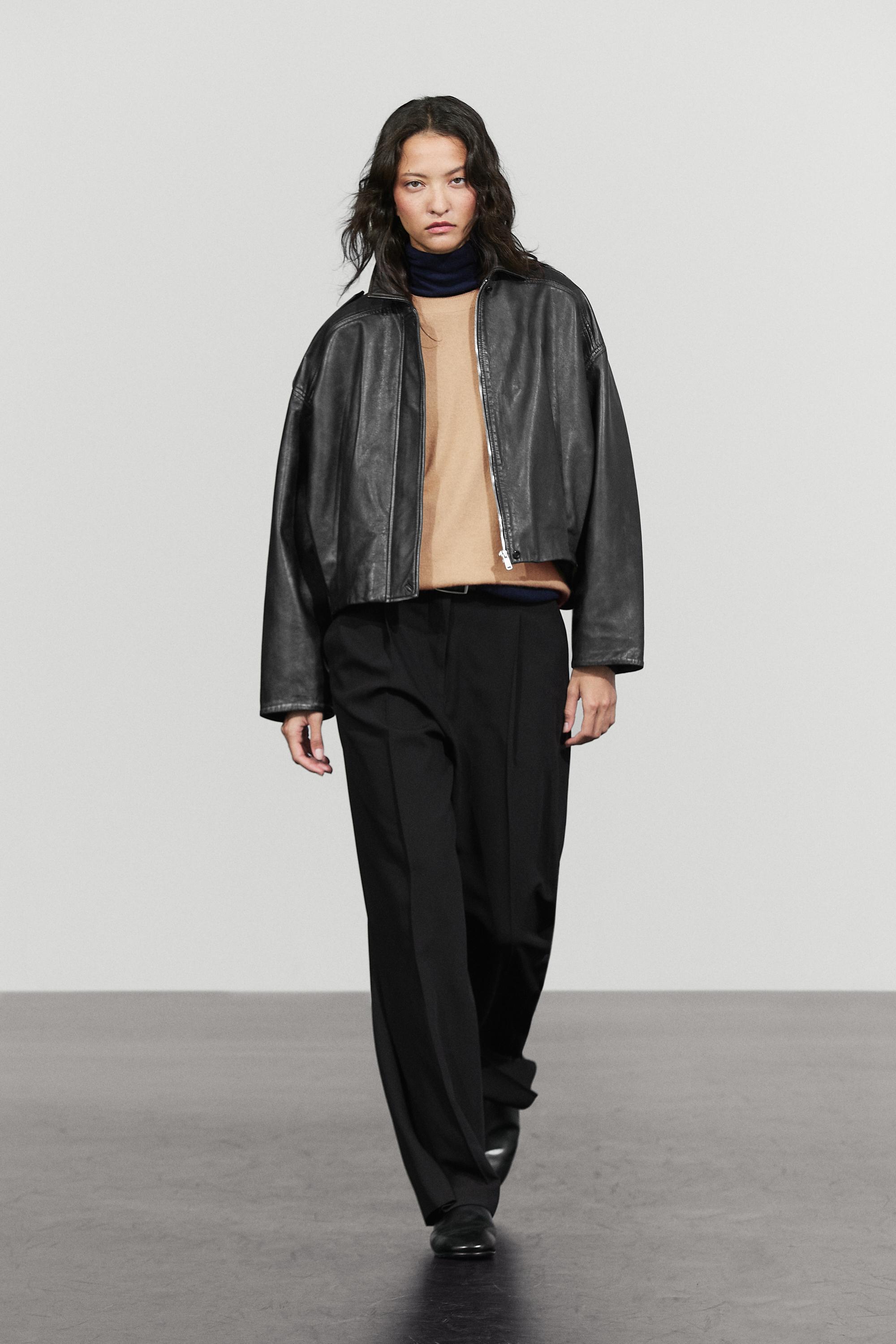 Veste bomber à col revers en cuir nappa · Kaki · Costumes | Massimo Dutti