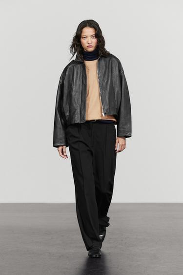 Nappa leather bomber jacket with lapel collar — KHAKI 1