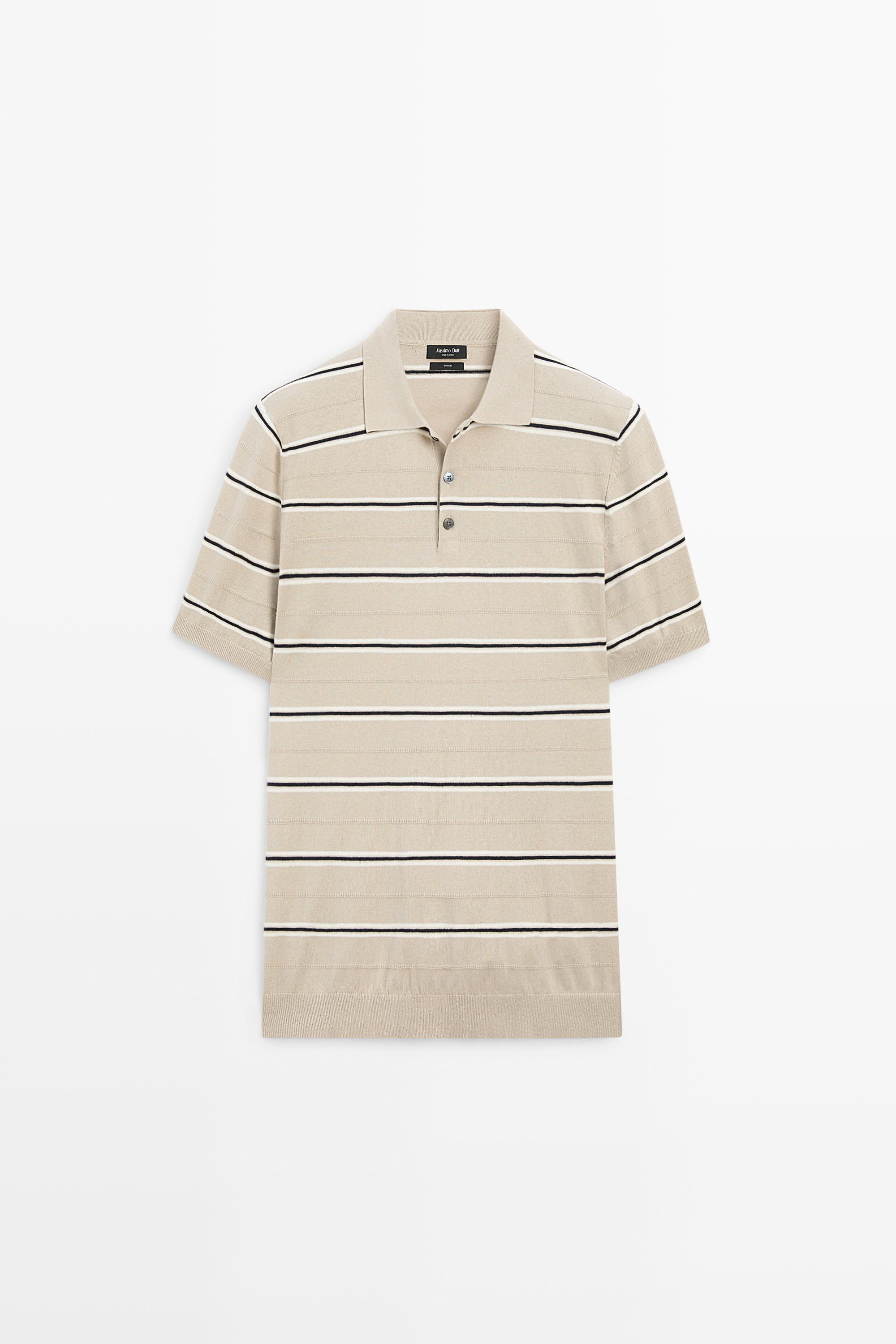 100% Cotton Striped Knit Polo Shirt — STONE