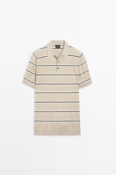100% Cotton Striped Knit Polo Shirt — STONE 2