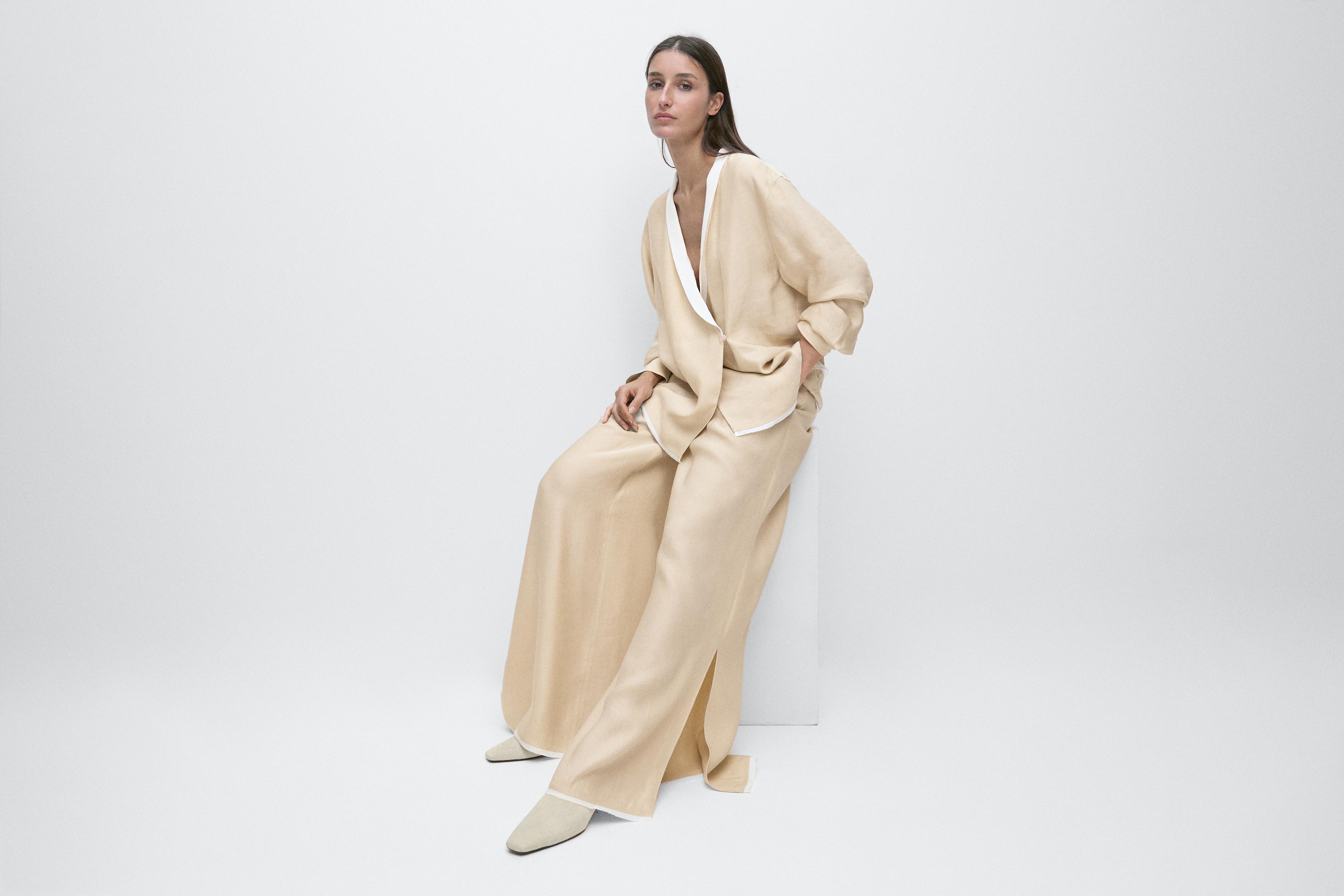 Contrast linen blend straight-leg trousers — BEIGE