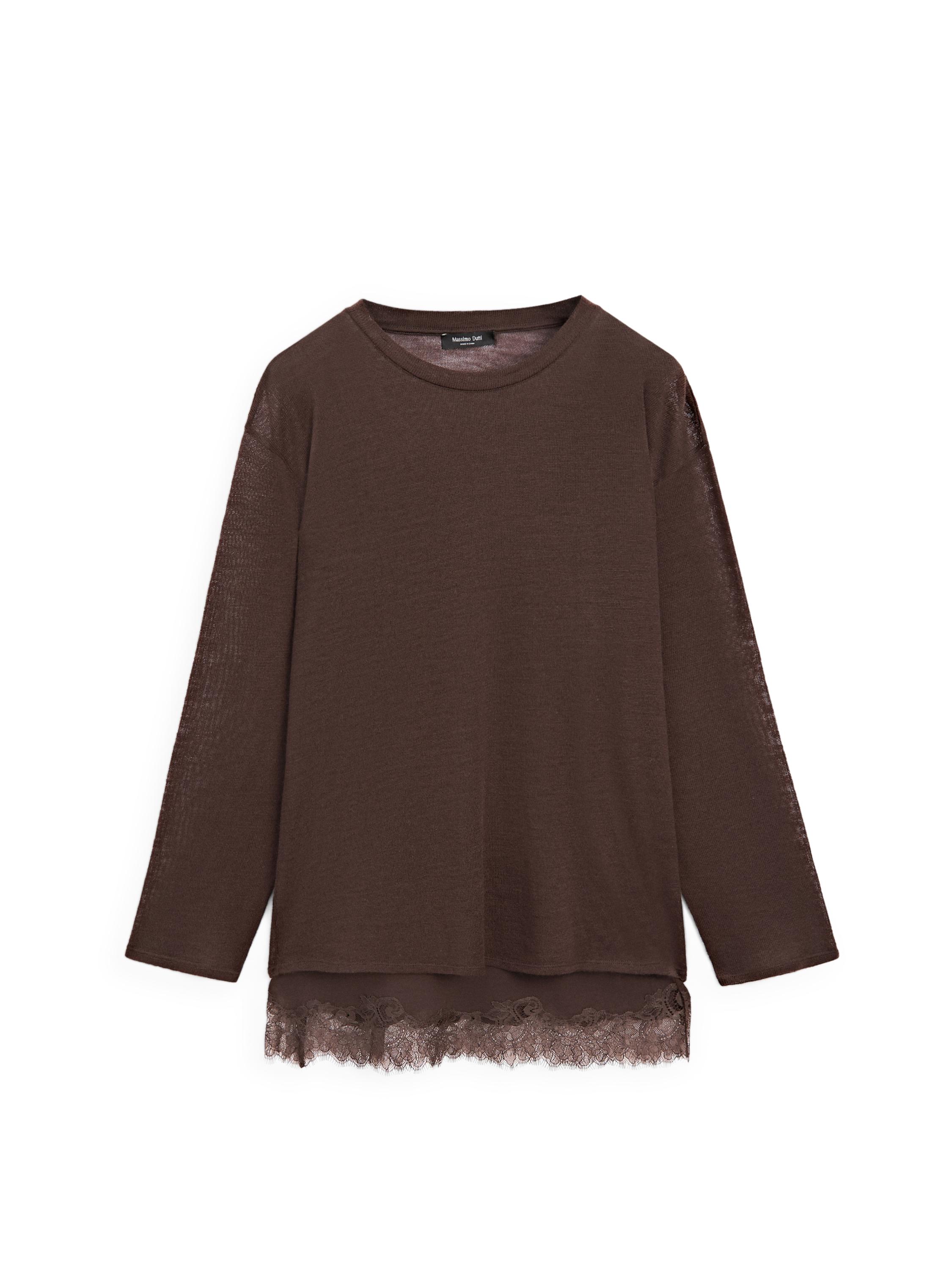Long sleeve T-shirt with lace detail — BROWN