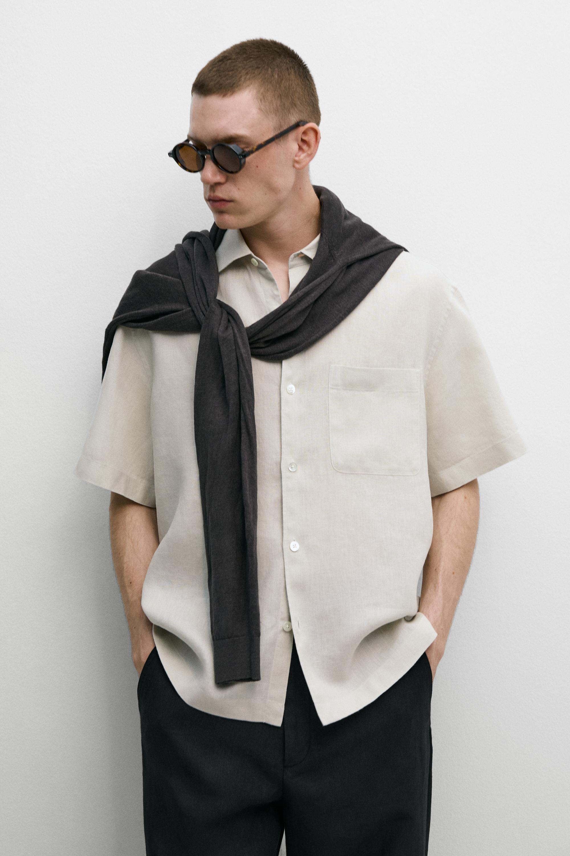 100% linen regular fit short sleeve shirt — BEIGE