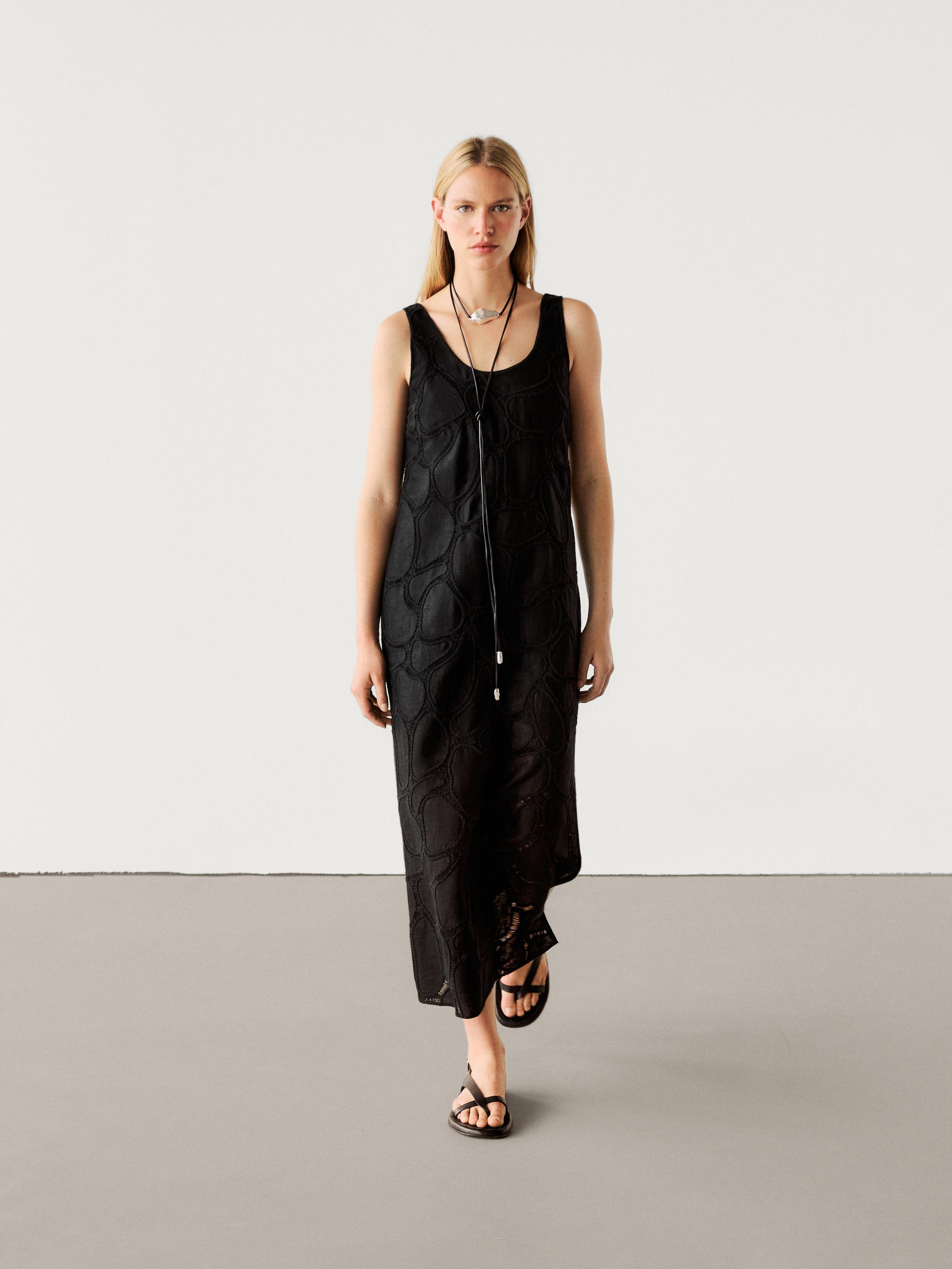 Midi dress with embroidered detail Black Smart Dresses And Jumpsuits Massimo Dutti