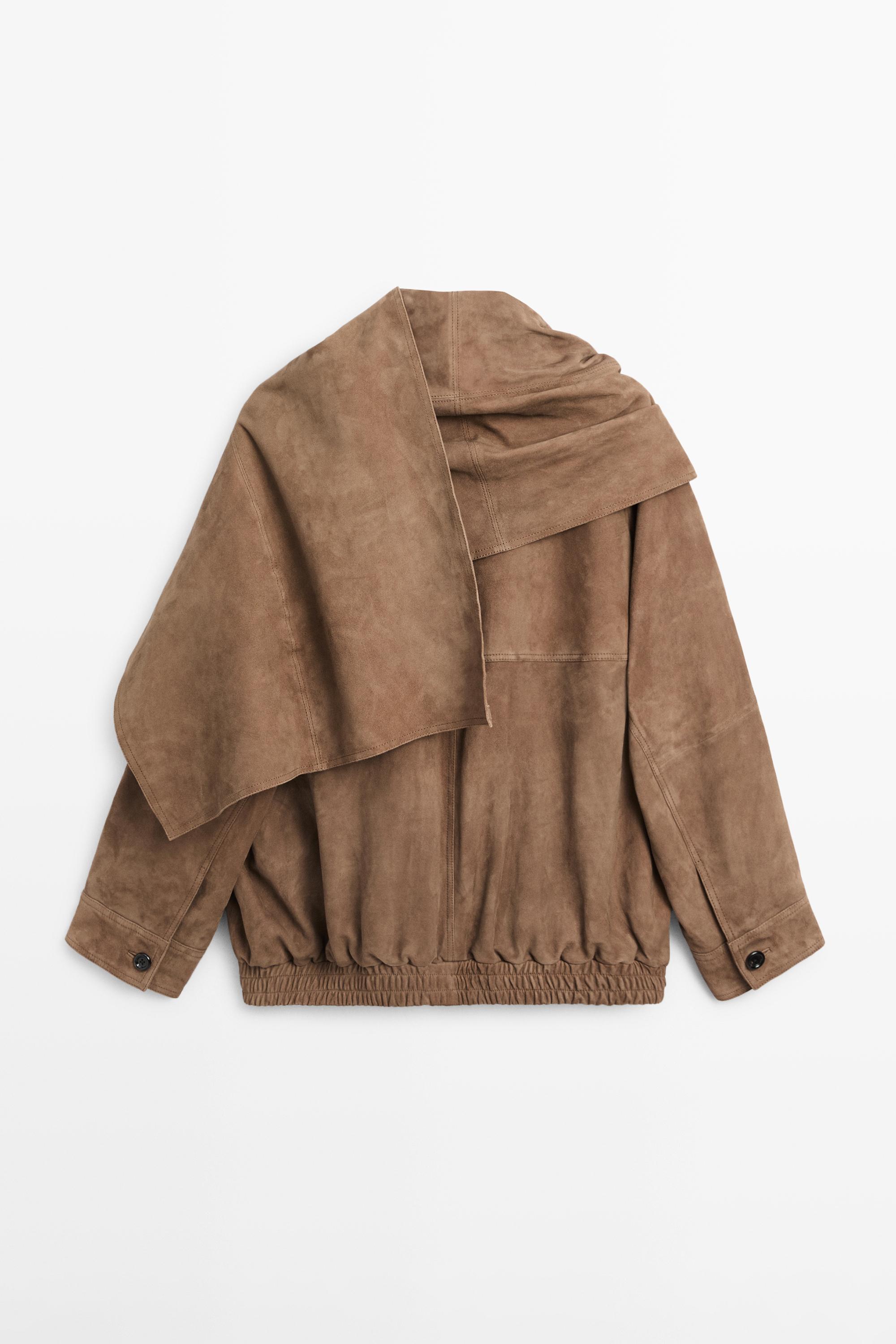 Suede leather bomber jacket with scarf detail — MOLE BROWN