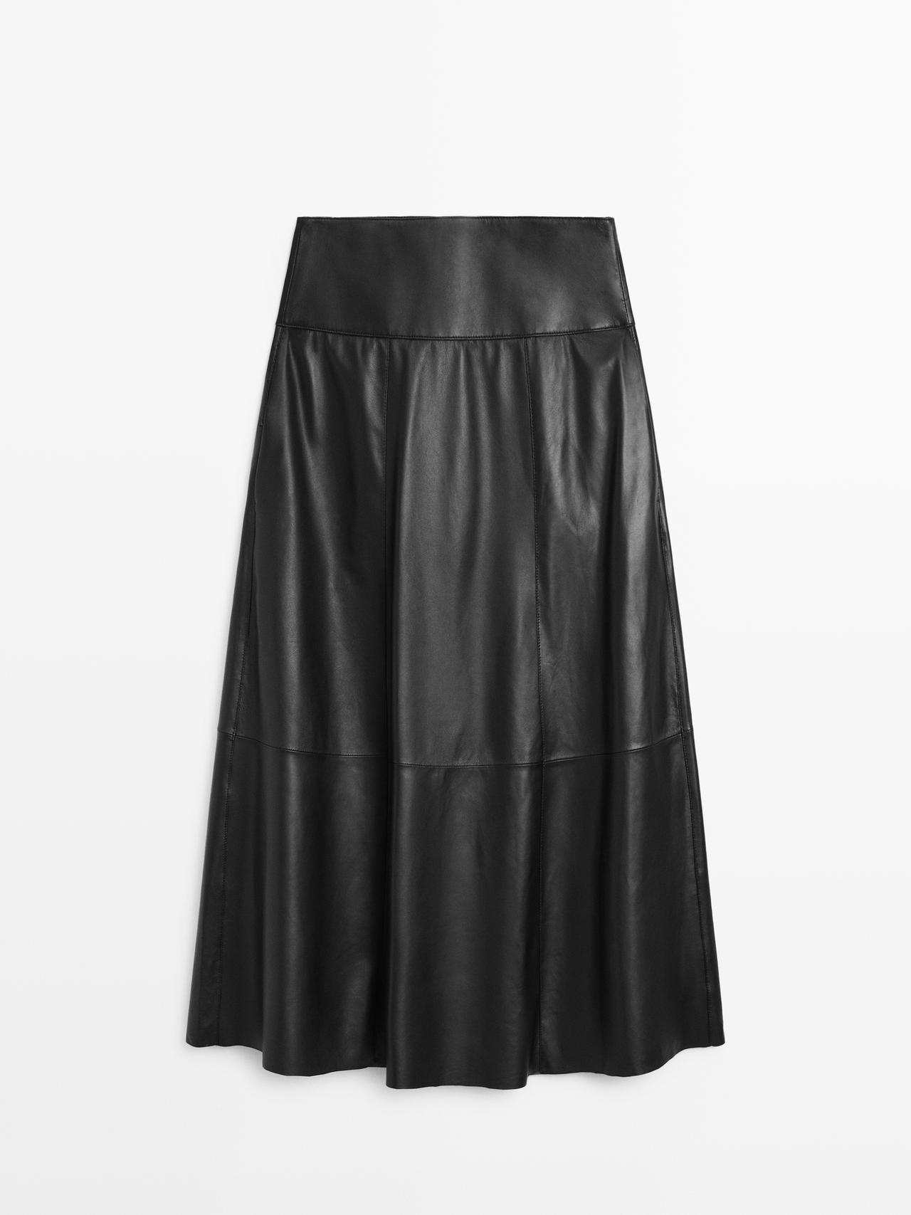 Massimo Dutti - Dame - Midi-Nederdel I Nappaskind Med Sømme - Sort - Xs