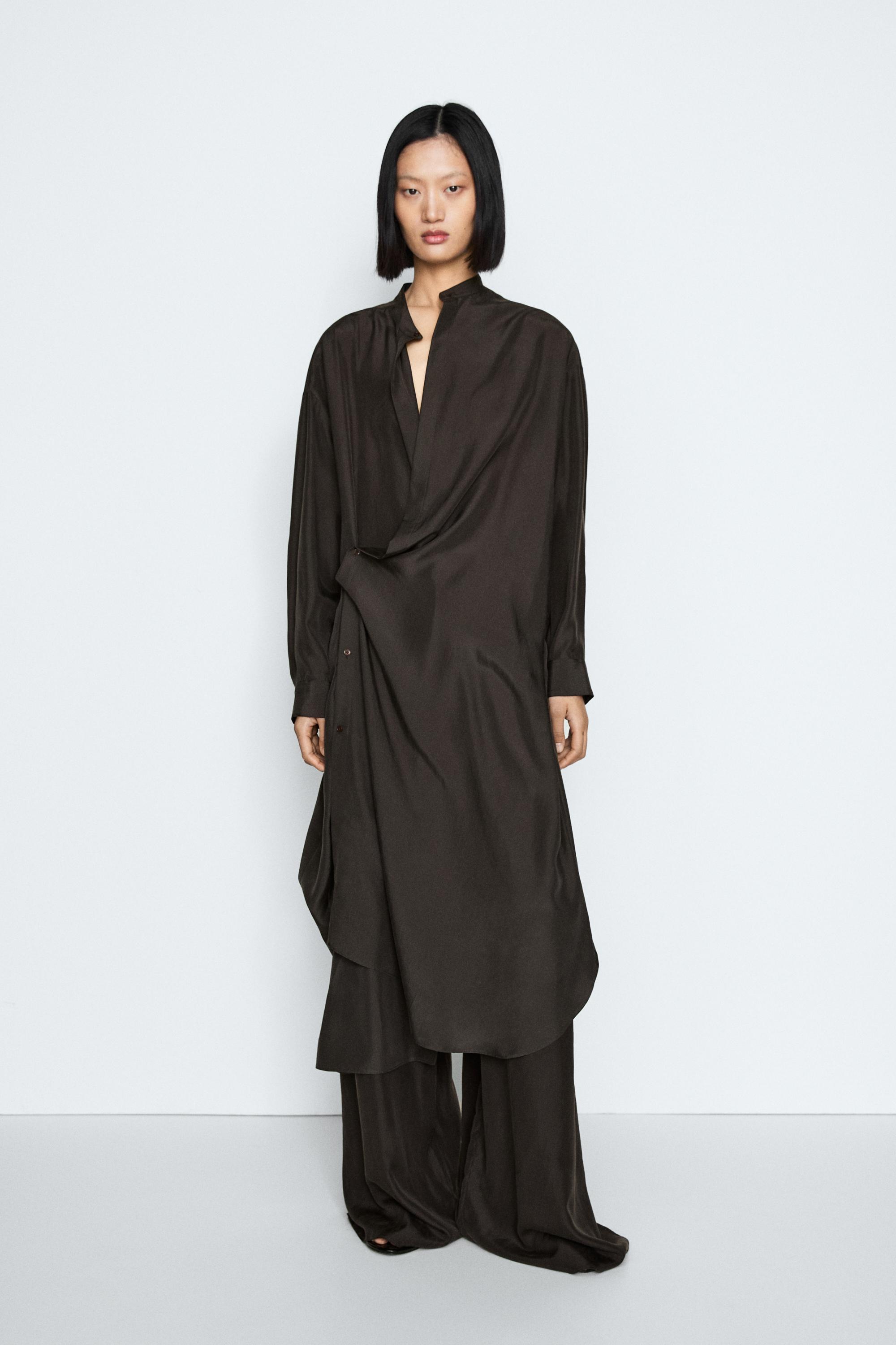 100% silk midi dress with fastening detail - STUDIO — DARK KHAKI