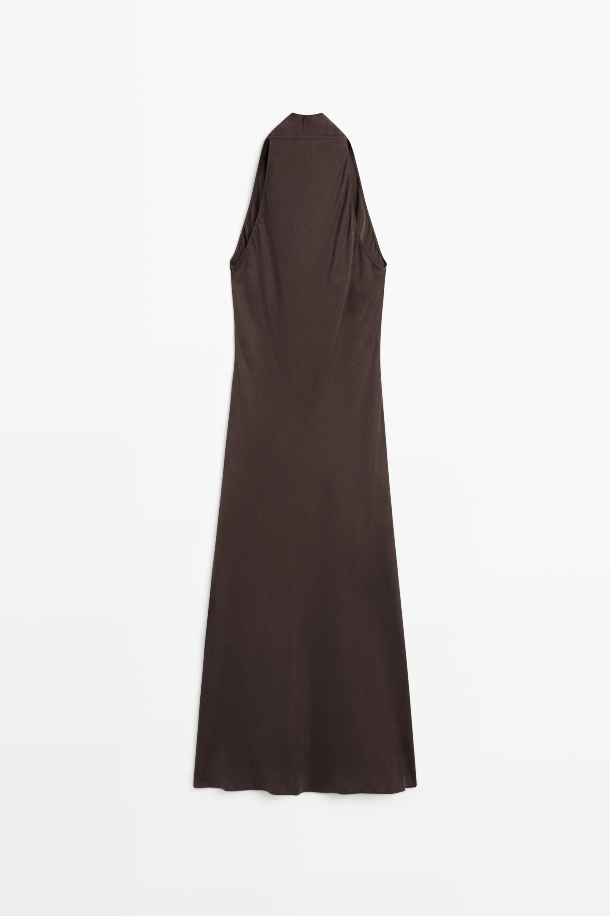 Draped neckline long dress — BROWN (alternate view)