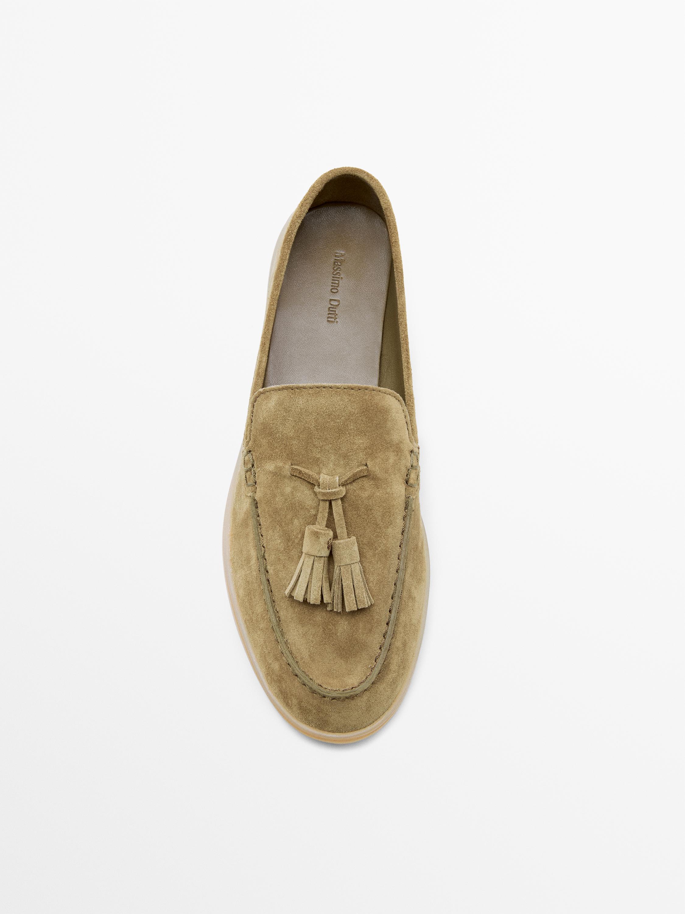 Split leather loafers with tassels — TAUPE