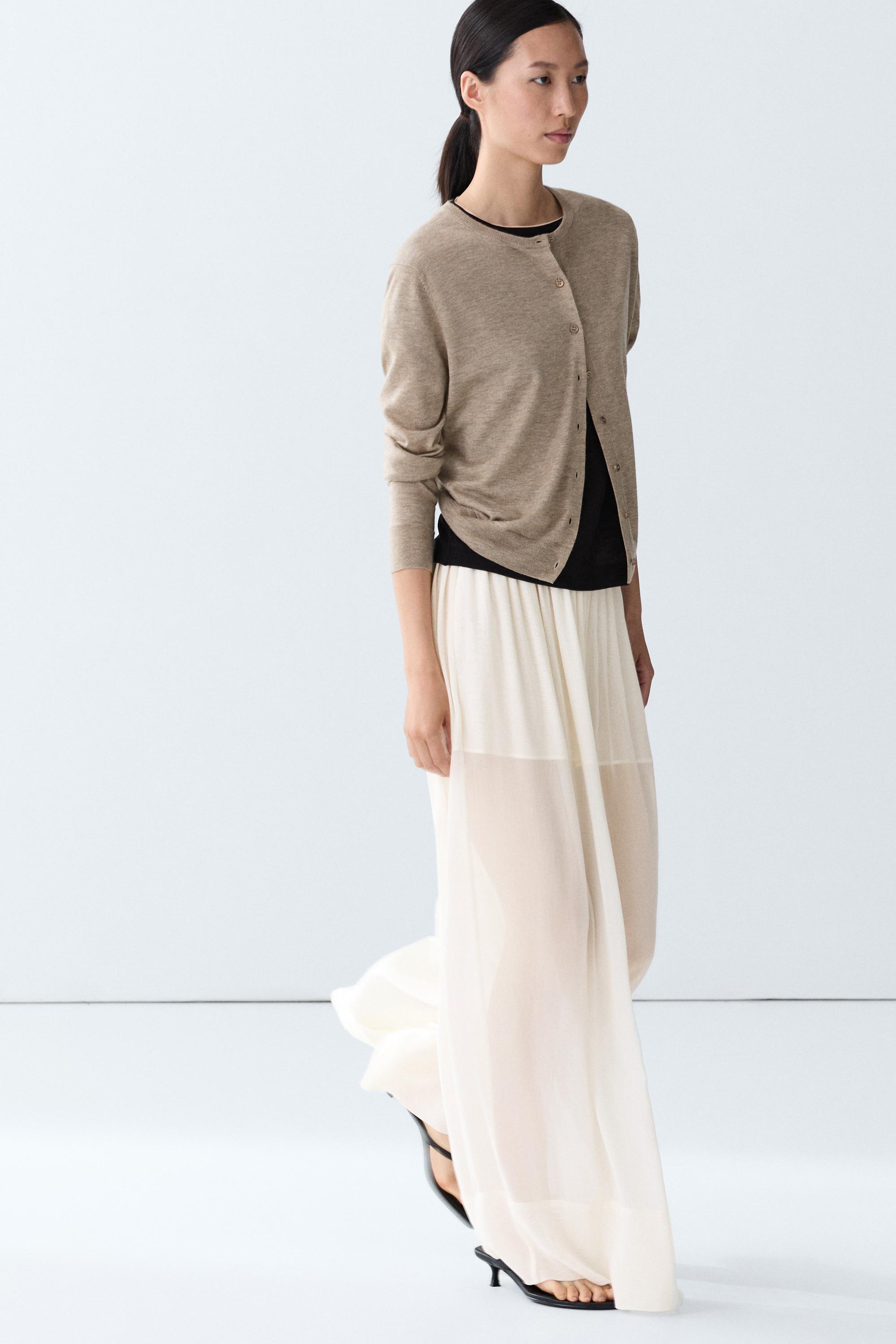 Fine-knit round neck cardigan — BEIGE MARL