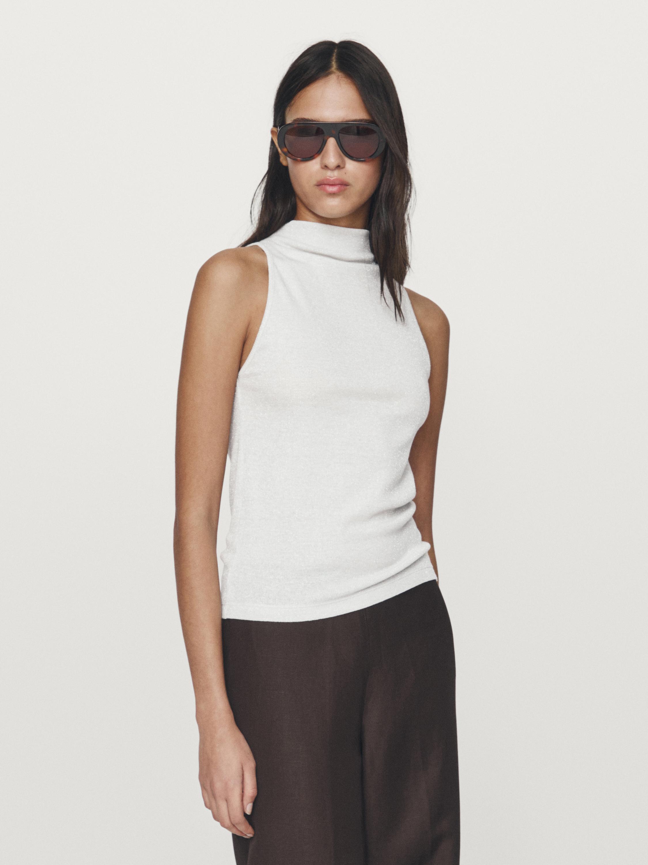 Knit halterneck top with metallic finish