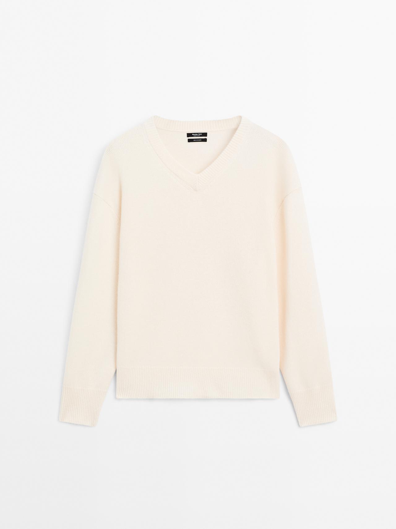 Massimo Dutti - Dame - Striktrøje I 100 % Kashmir Med V-Udskæring - Råhvid - L
