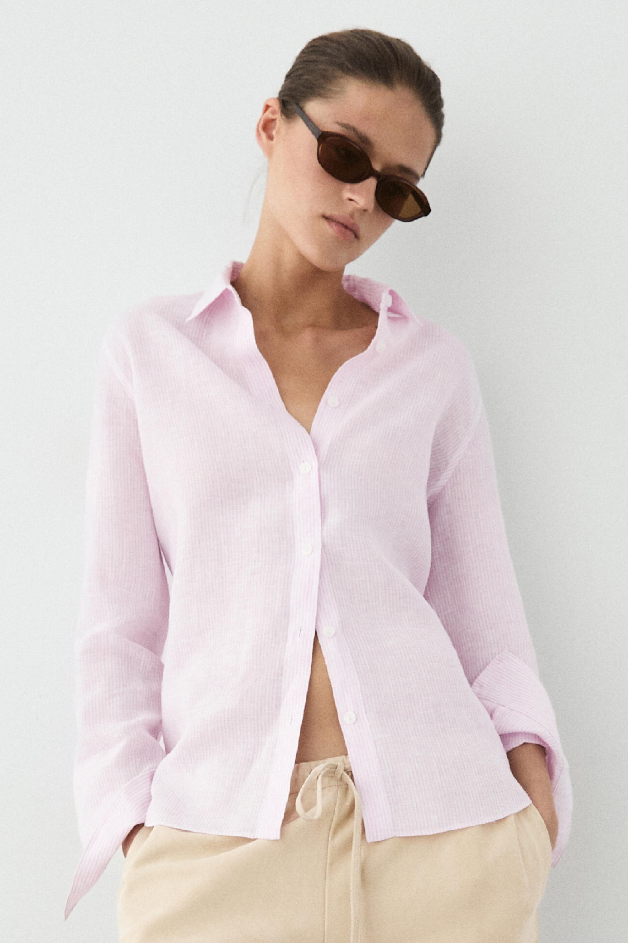 100% linen shirt with striped details — Pink