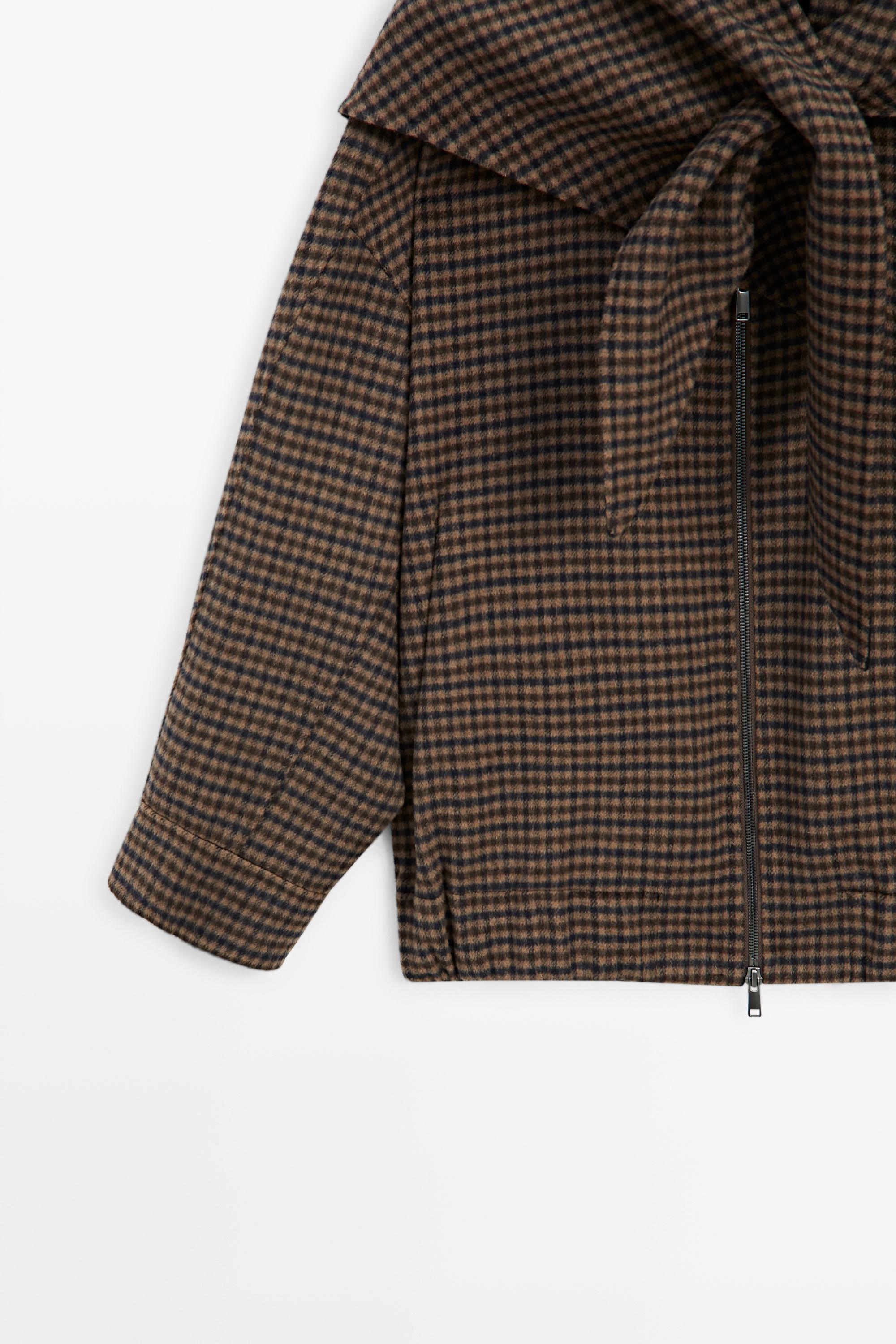 Gingham bomber jacket with scarf — BROWN