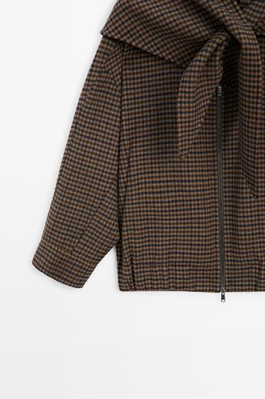 Gingham bomber jacket with removable scarf — BROWN 7