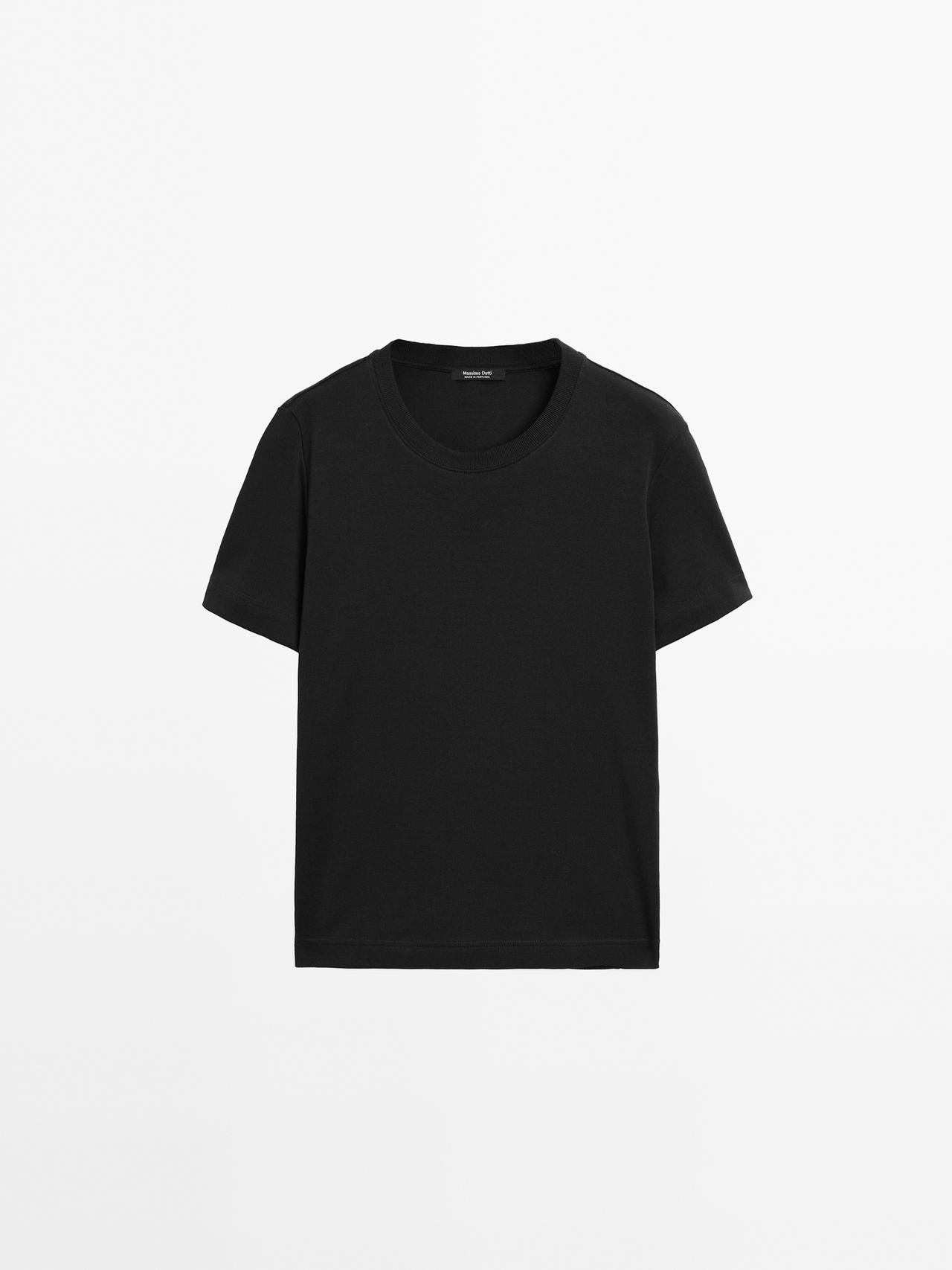 Massimo Dutti - Dame - T-Shirt Med Rund Hals I 100% Bomuld - Sort - L