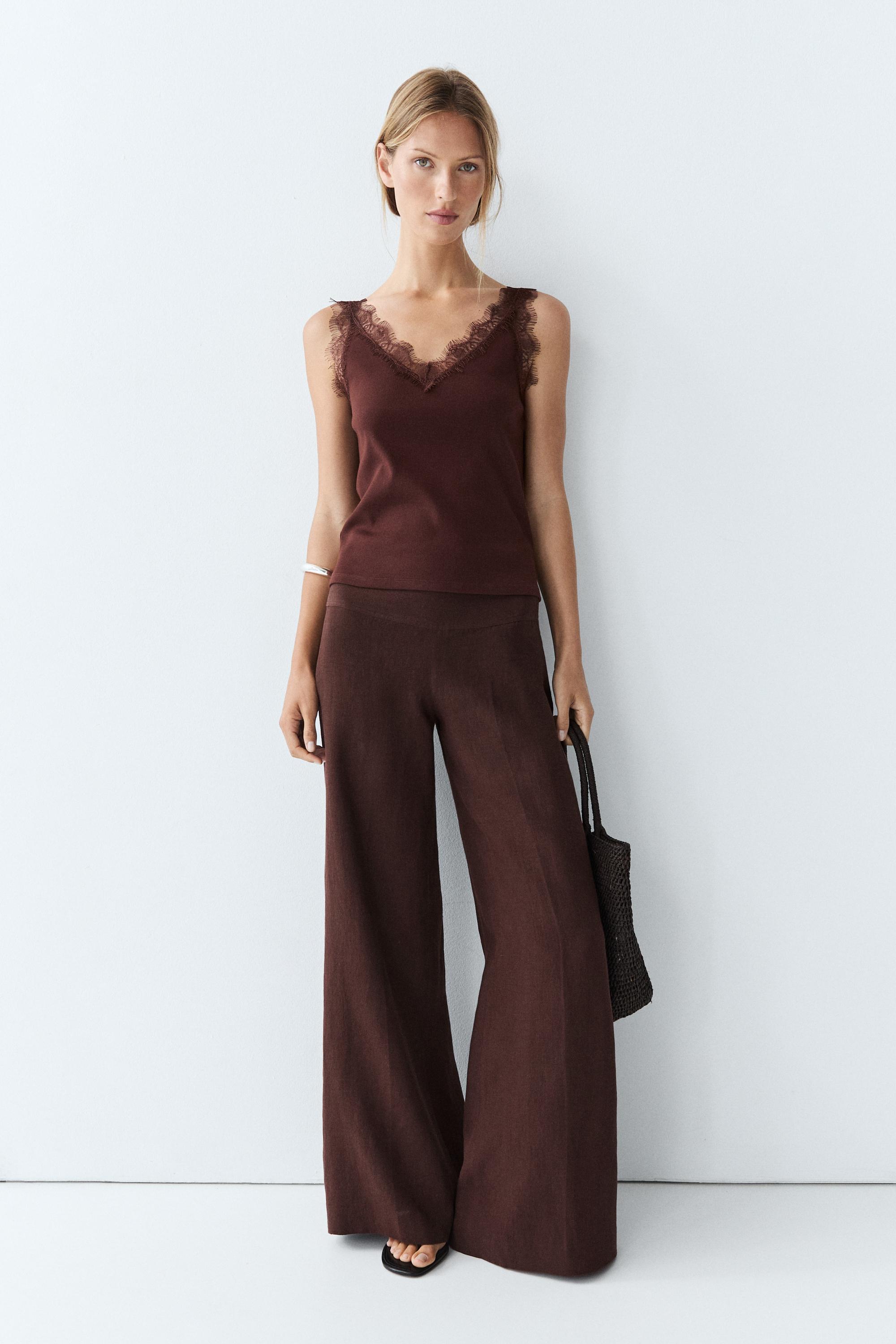 Strappy lace-trim top — BROWN