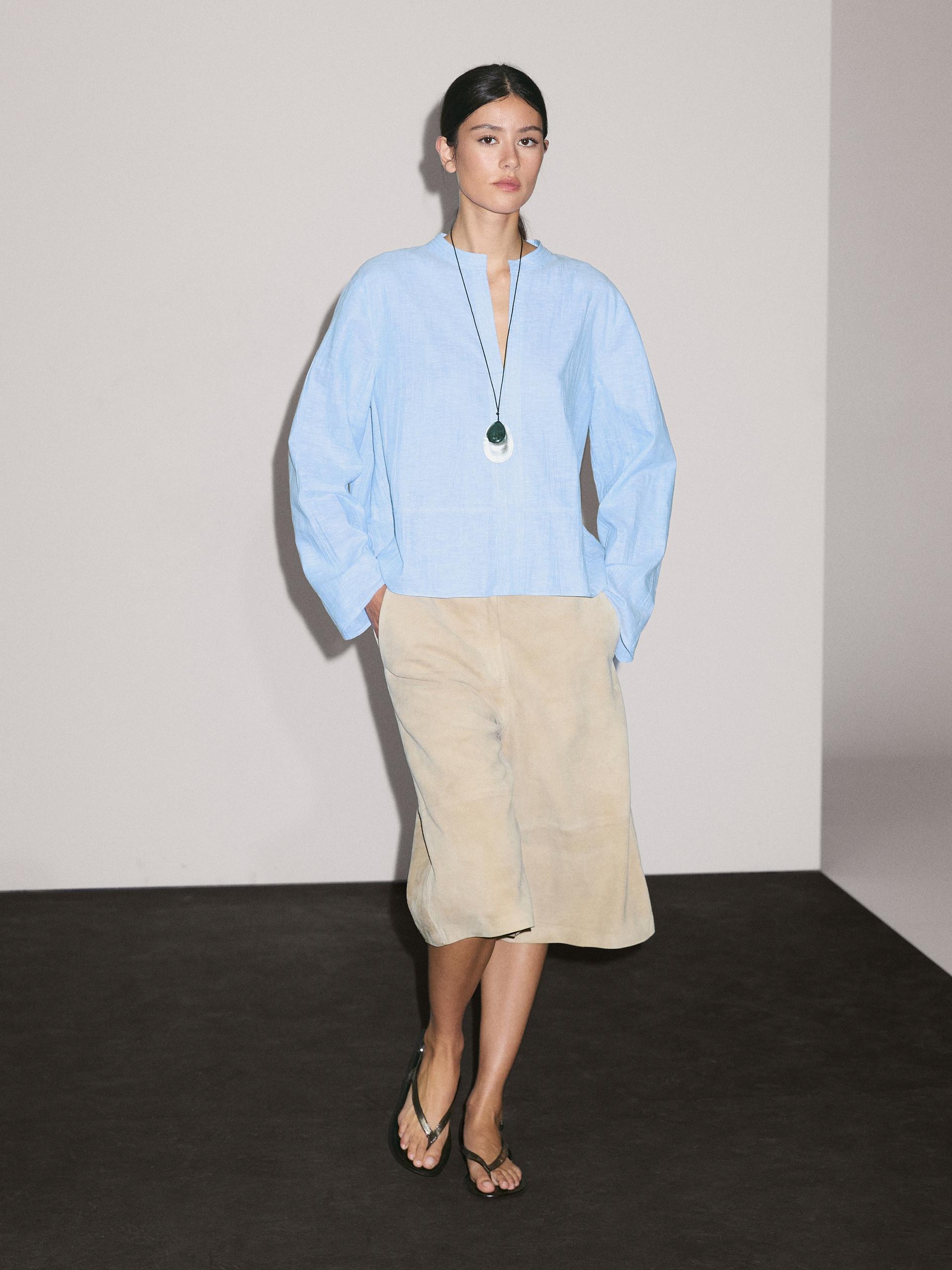 Massimo Dutti Linen Blend Blouse With Seam Details In Blue