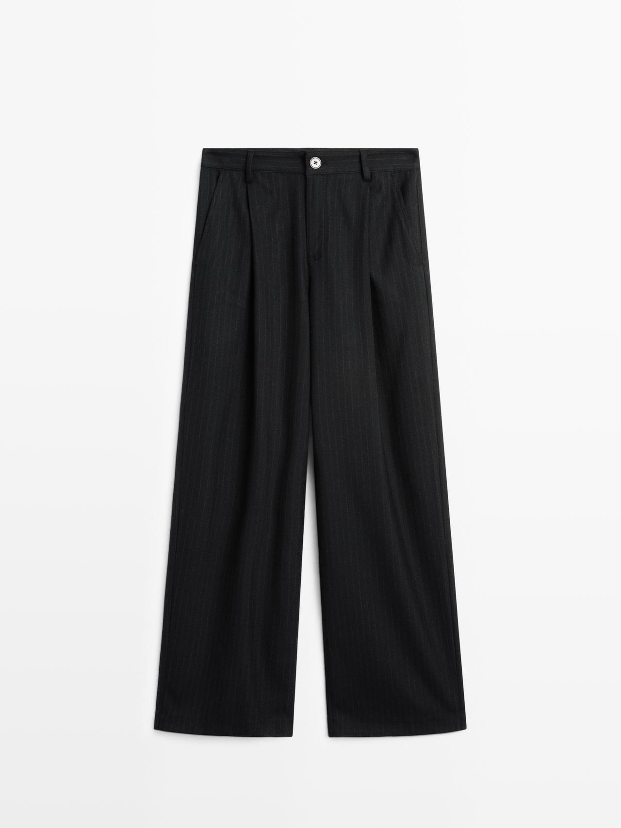 Massimo Dutti - Dame - Mid-Rise Nålestribede Bukser Med Brede Ben - Sort - 44