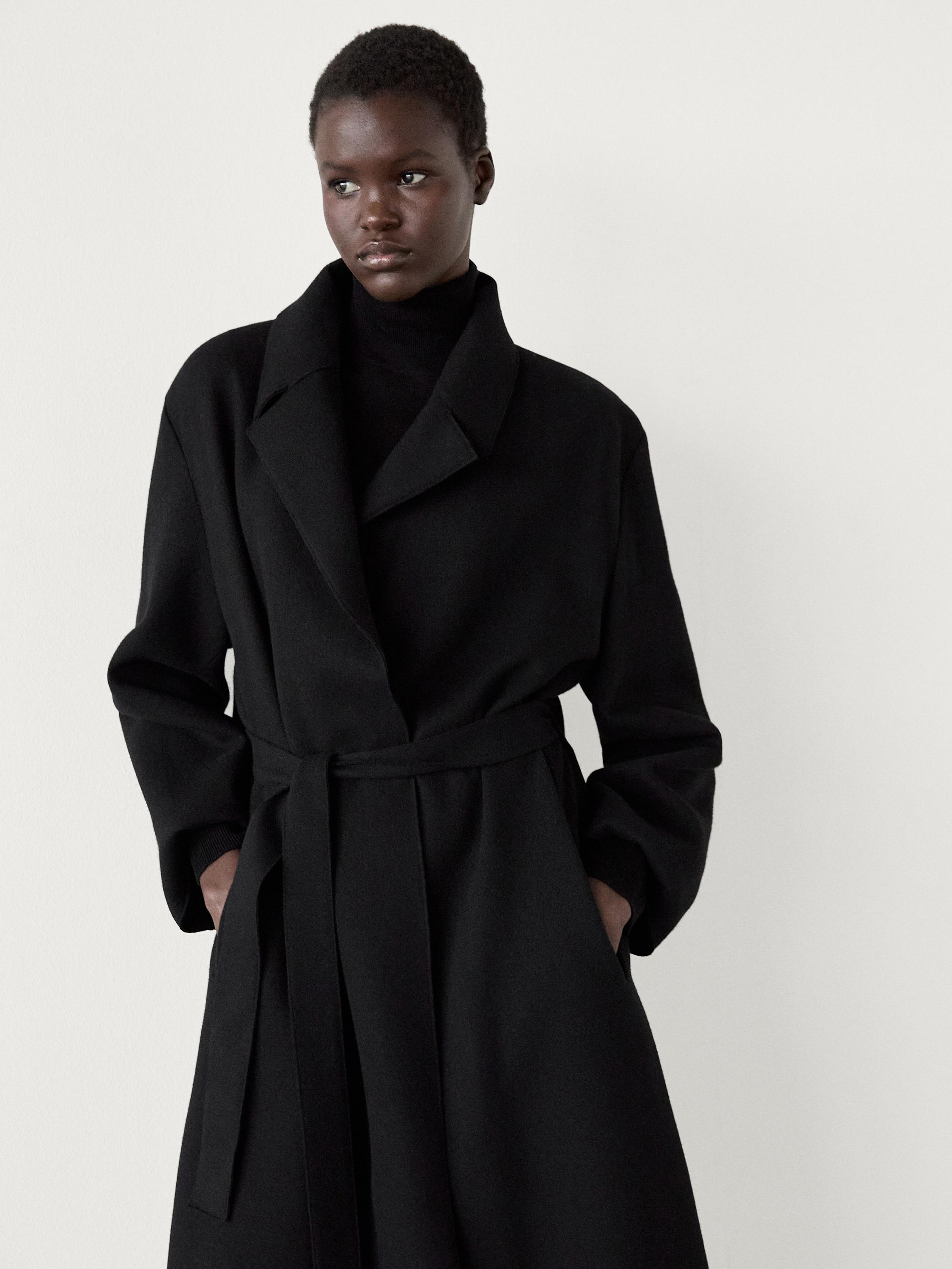 Long 100% wool coat with belt · Black · Coats And Jackets | Massimo Dutti