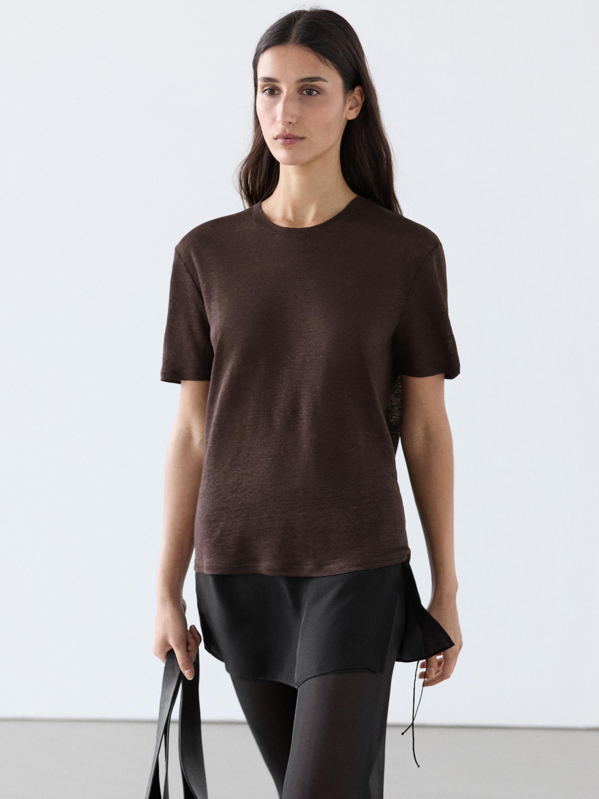 Camiseta Manga Corta Lino - Marrón - S - Massimo Dutti - Mujer