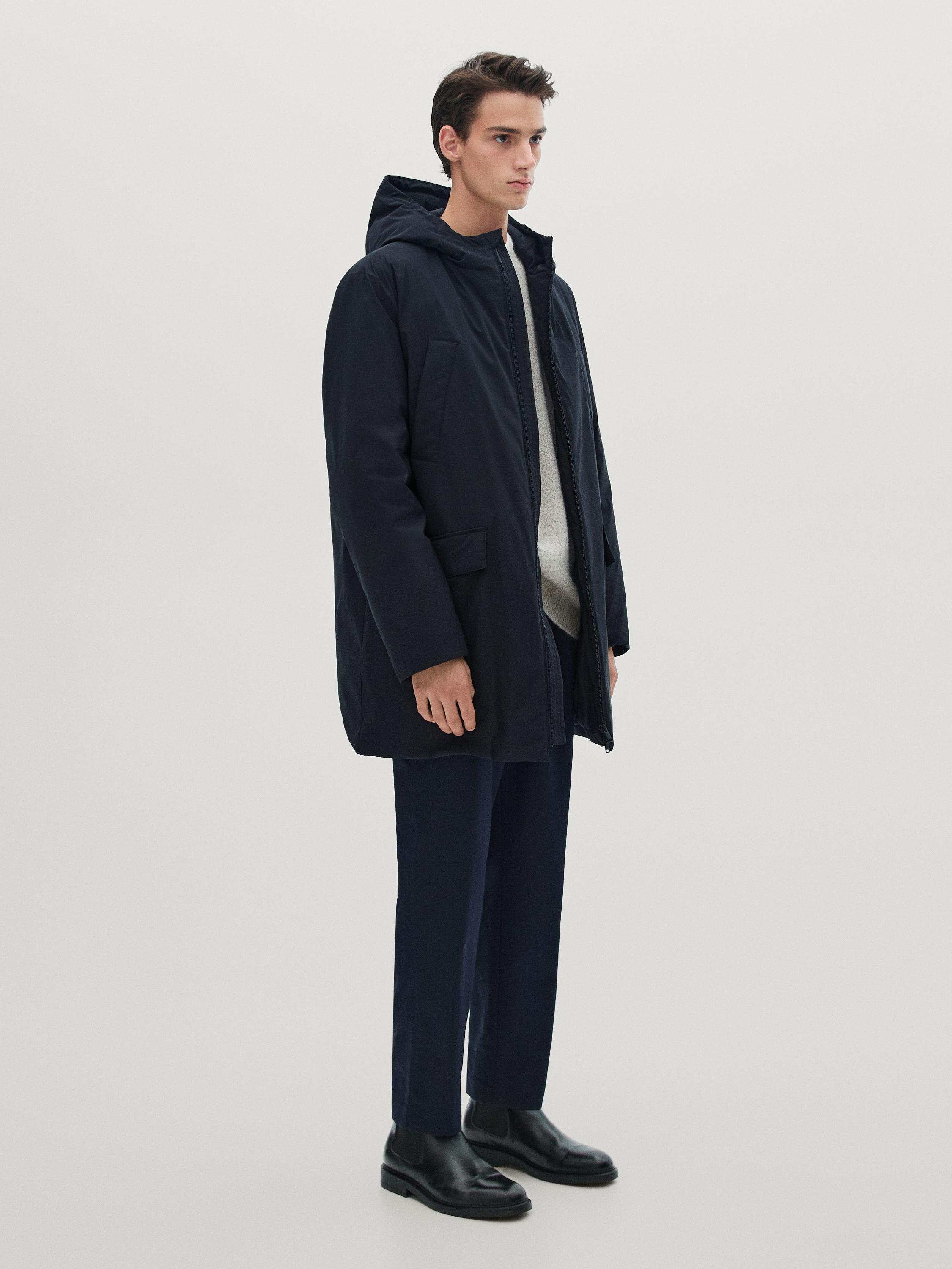 Hooded down and feather puffer jacket Navy Blue Coats And Jackets Massimo Dutti