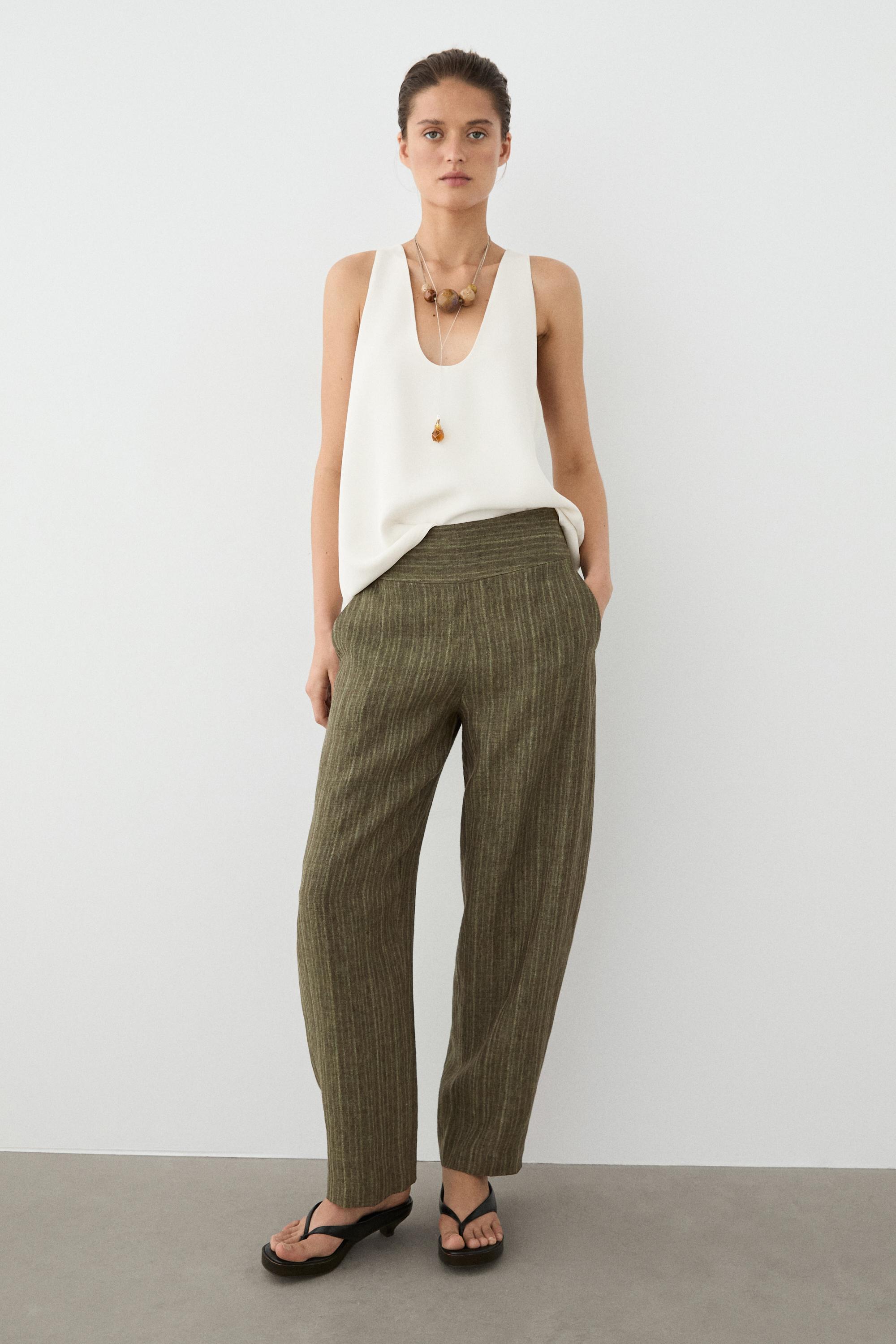 Total look linen trousers with corset belt detail — GREEN