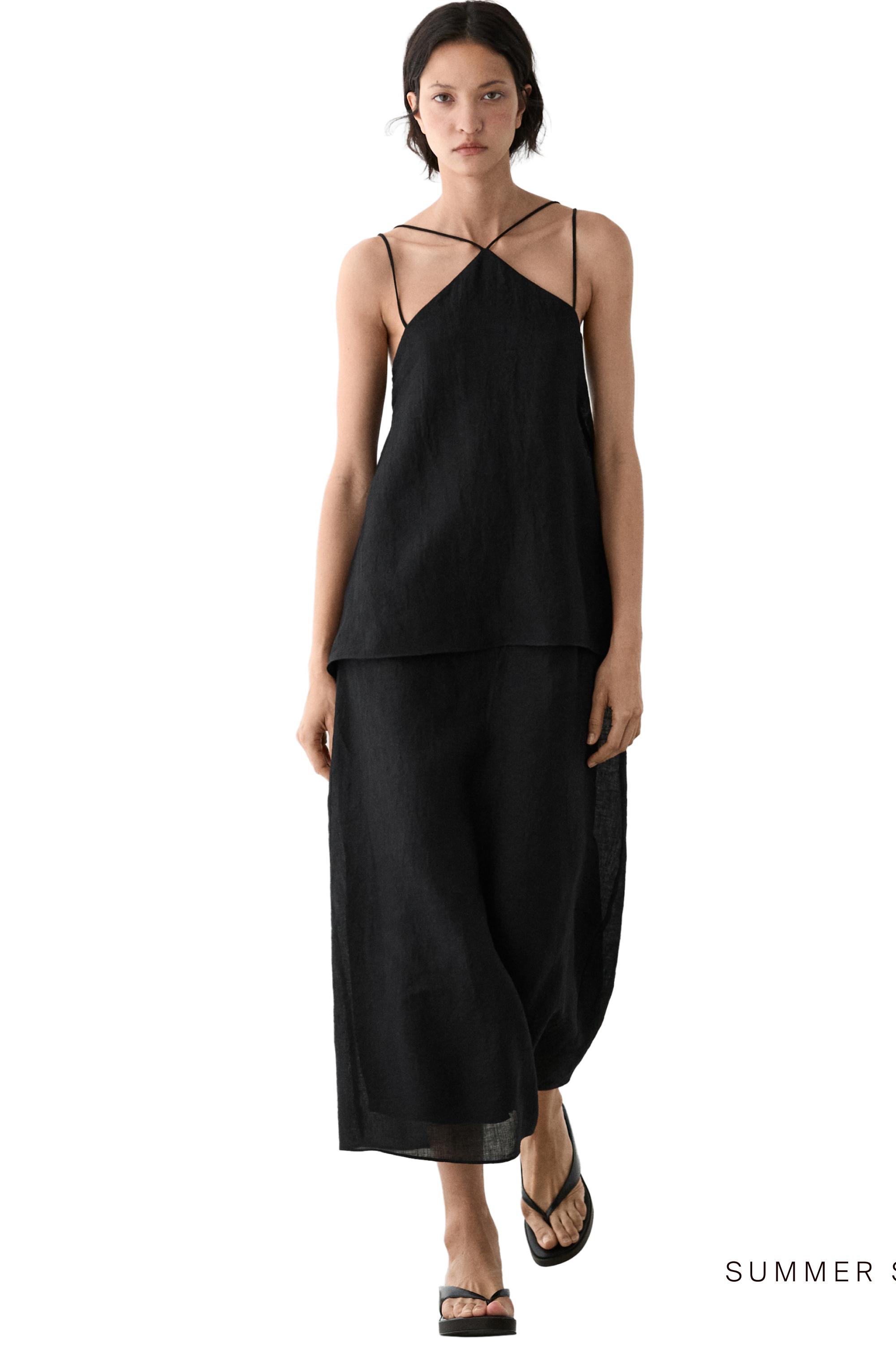 Flowing strappy 100% linen dress — BLACK