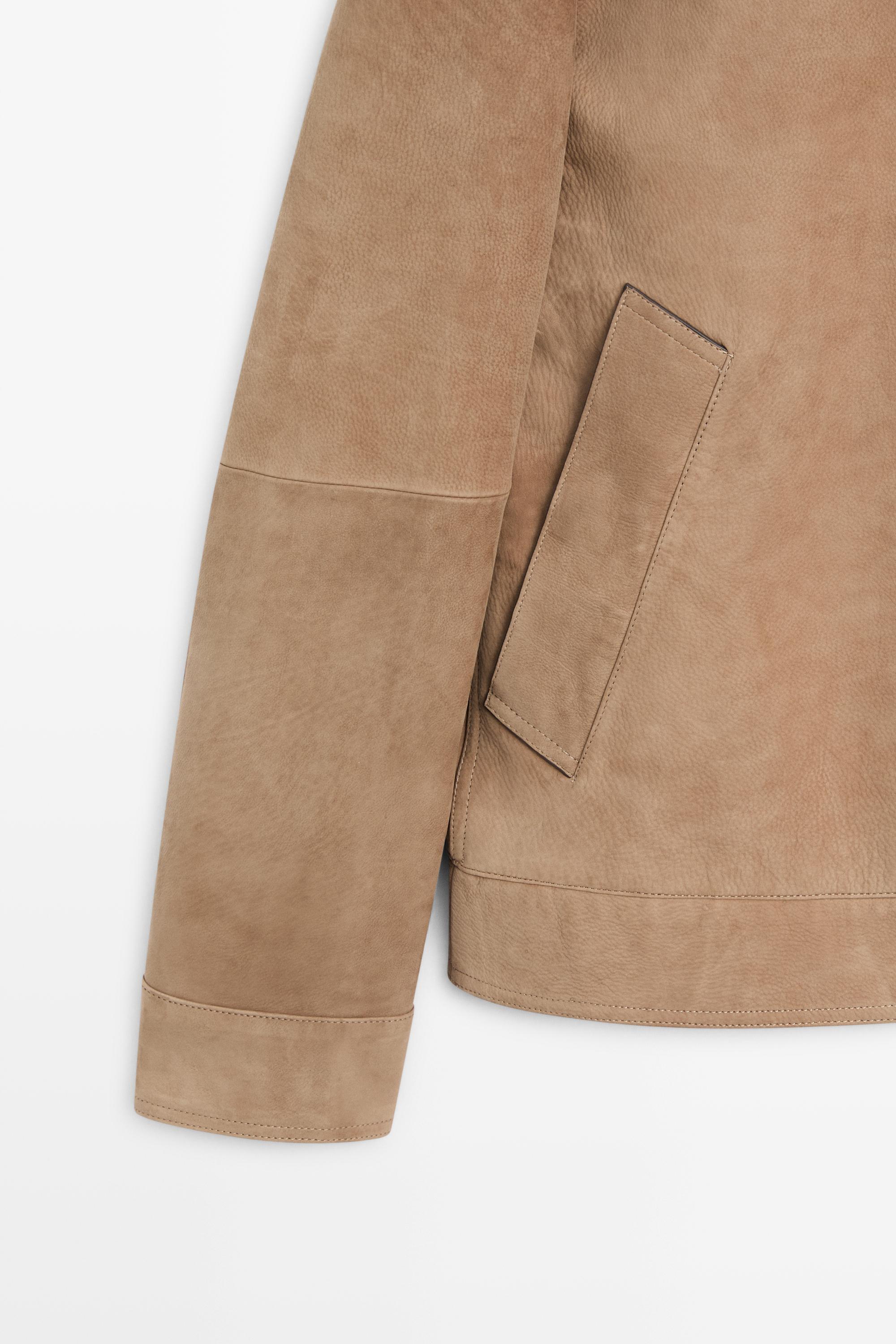 Nubuck leather jacket with stand-up collar — BEIGE