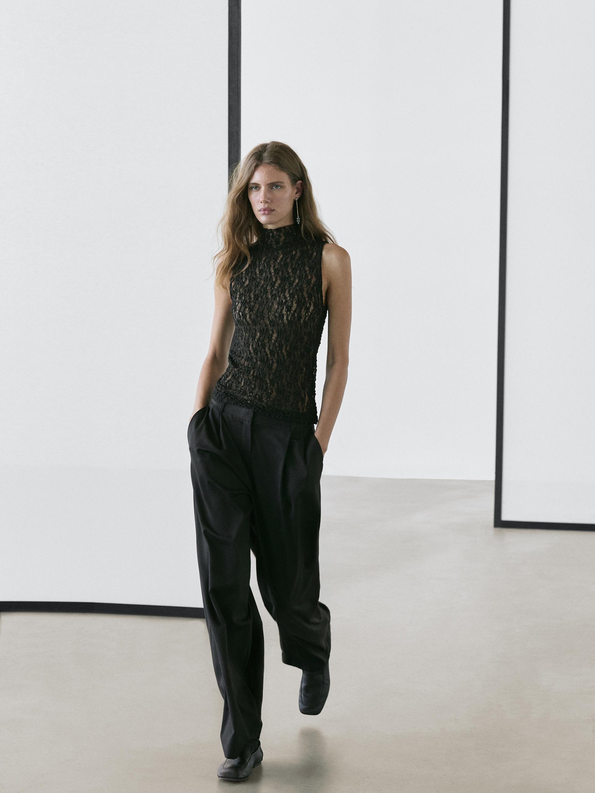 Top In Pizzo Con Trasparenza - Nero - Xs - Massimo Dutti - Femminile