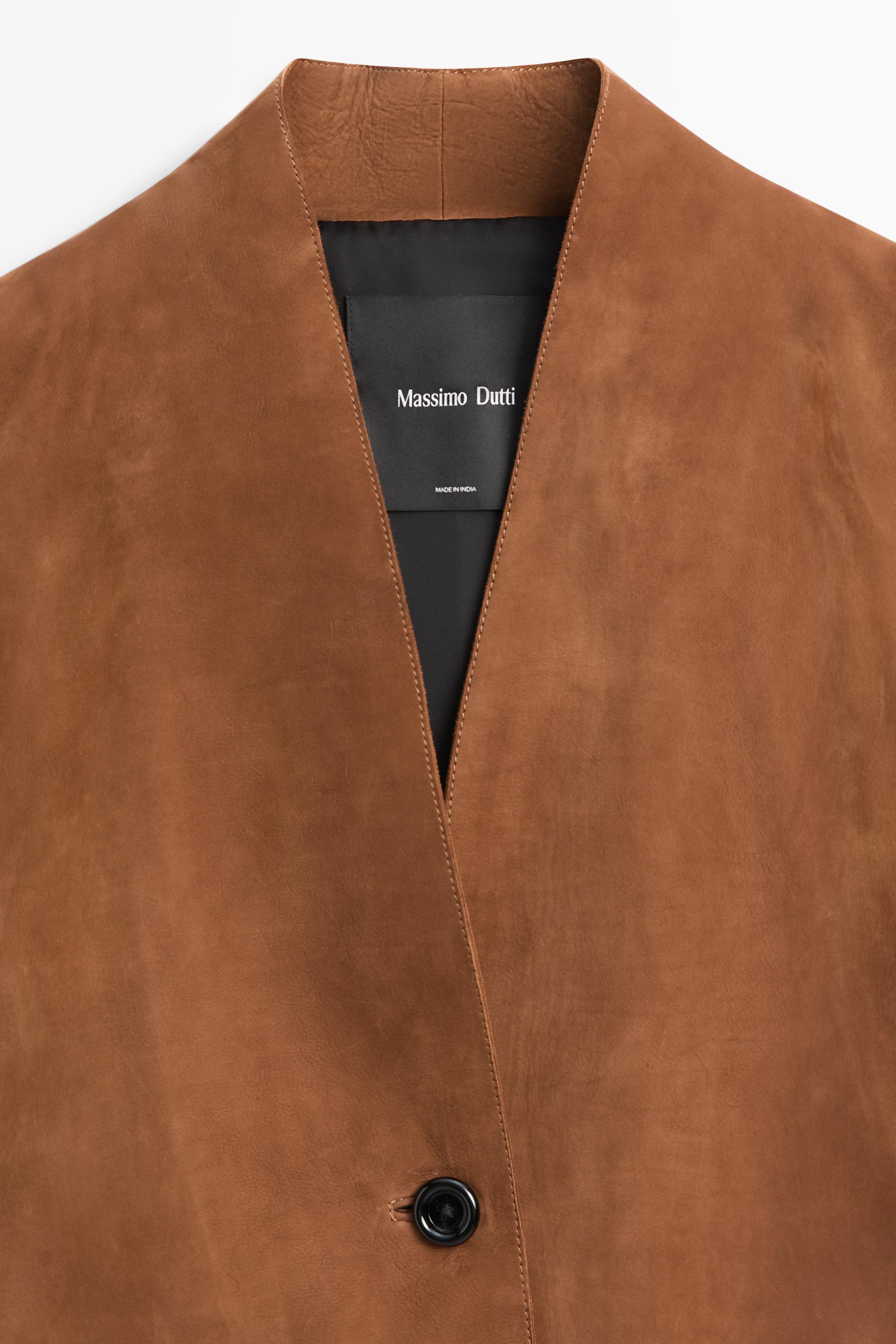Suede V-neck balloon jacket — CAMEL