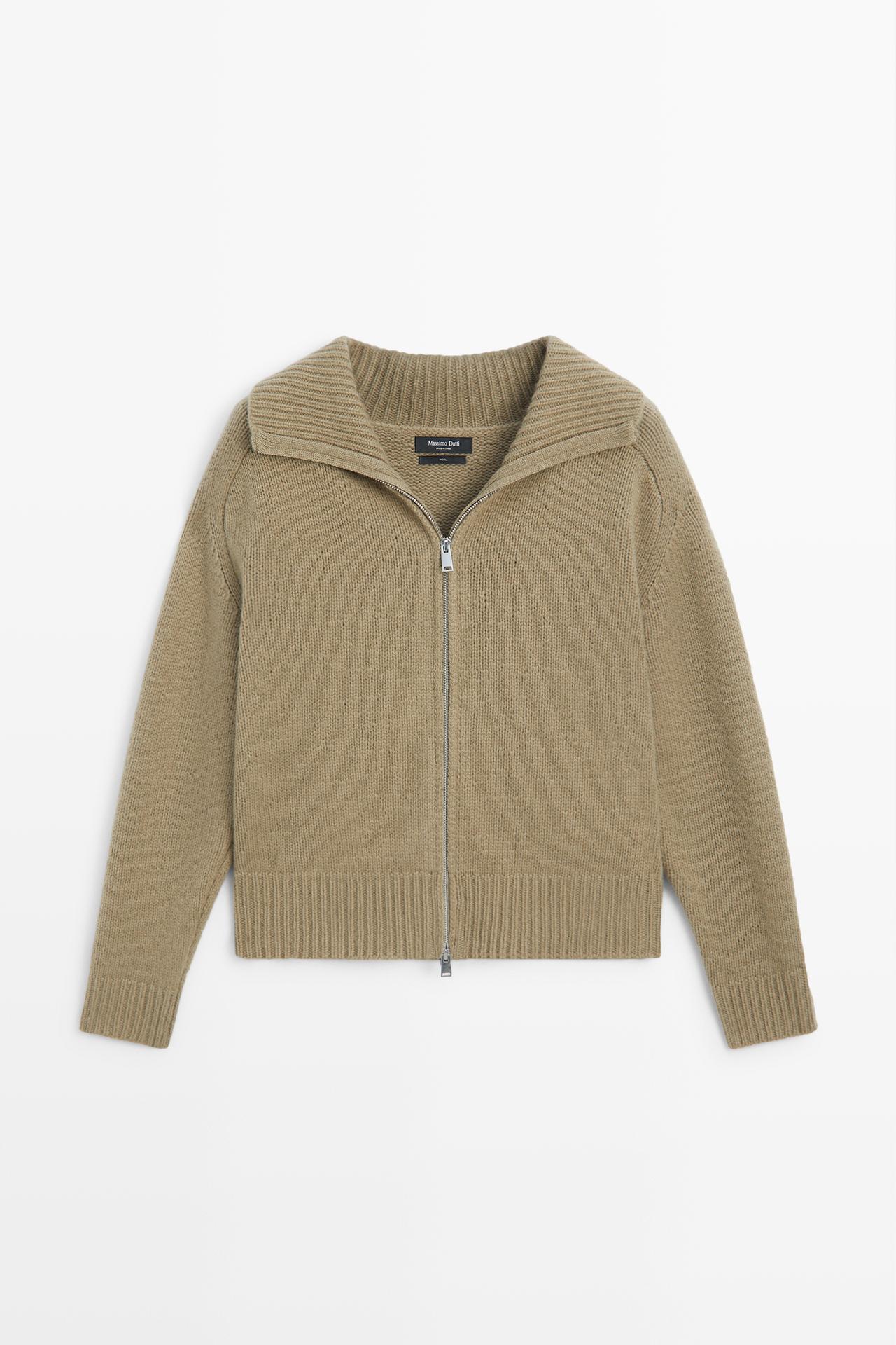 100% wool knit zip-up cardigan — GREENISH