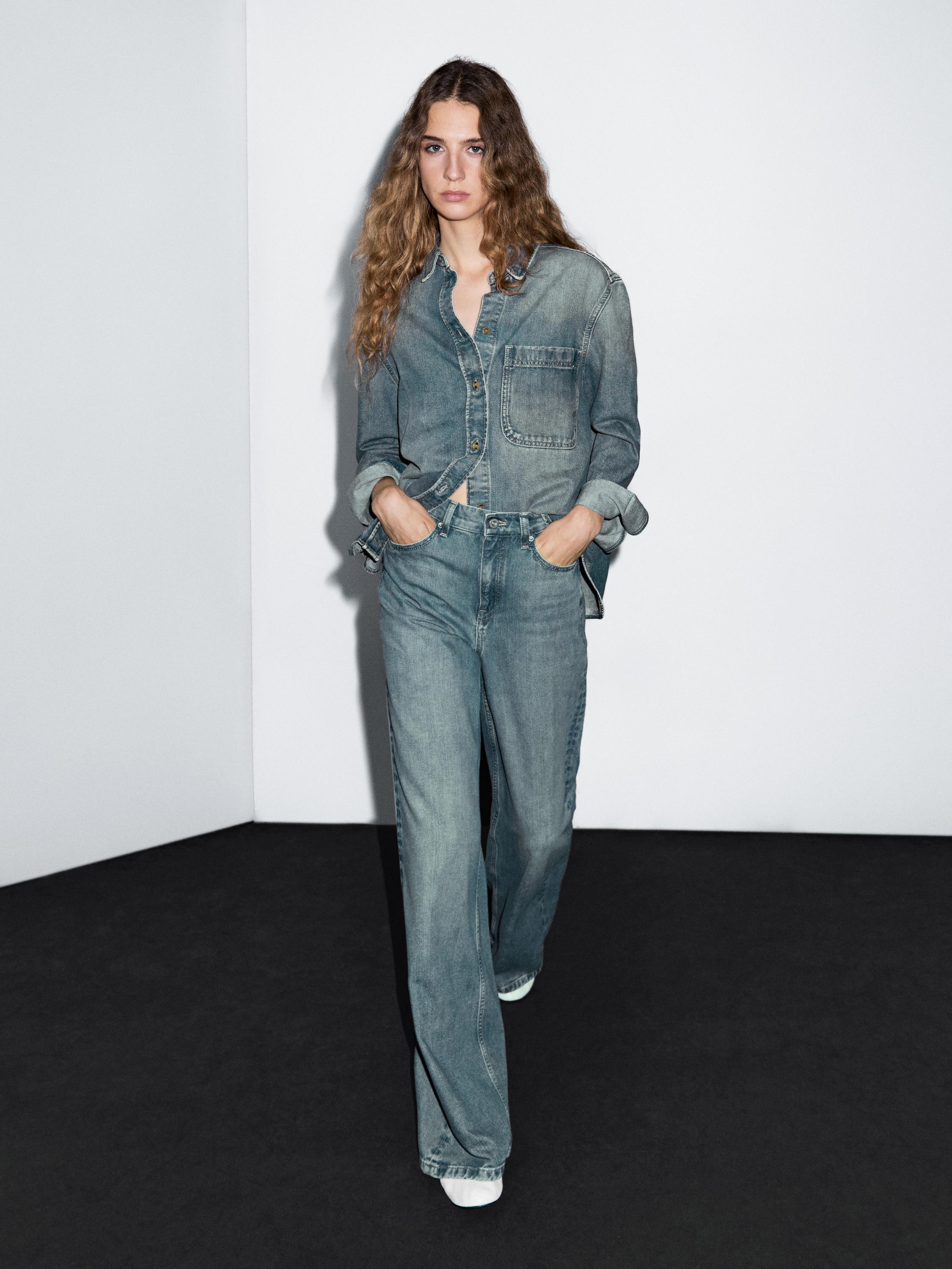 高腰寬管牛仔褲