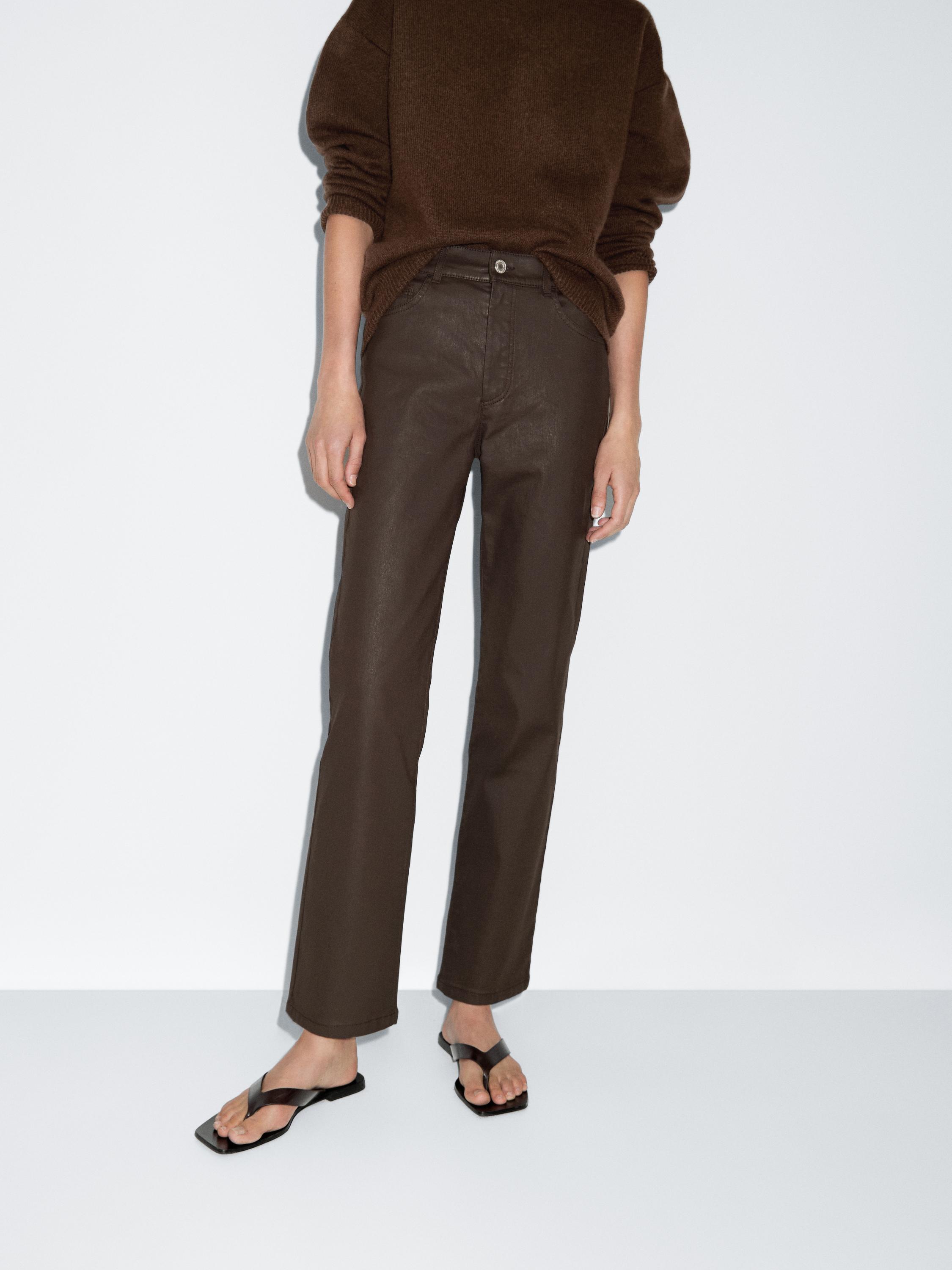 High-waist straight-leg waxed trousers