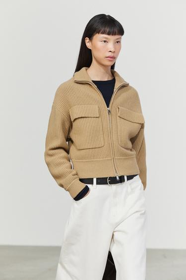 Zip-up knit cardigan with cotton — CAMEL 5