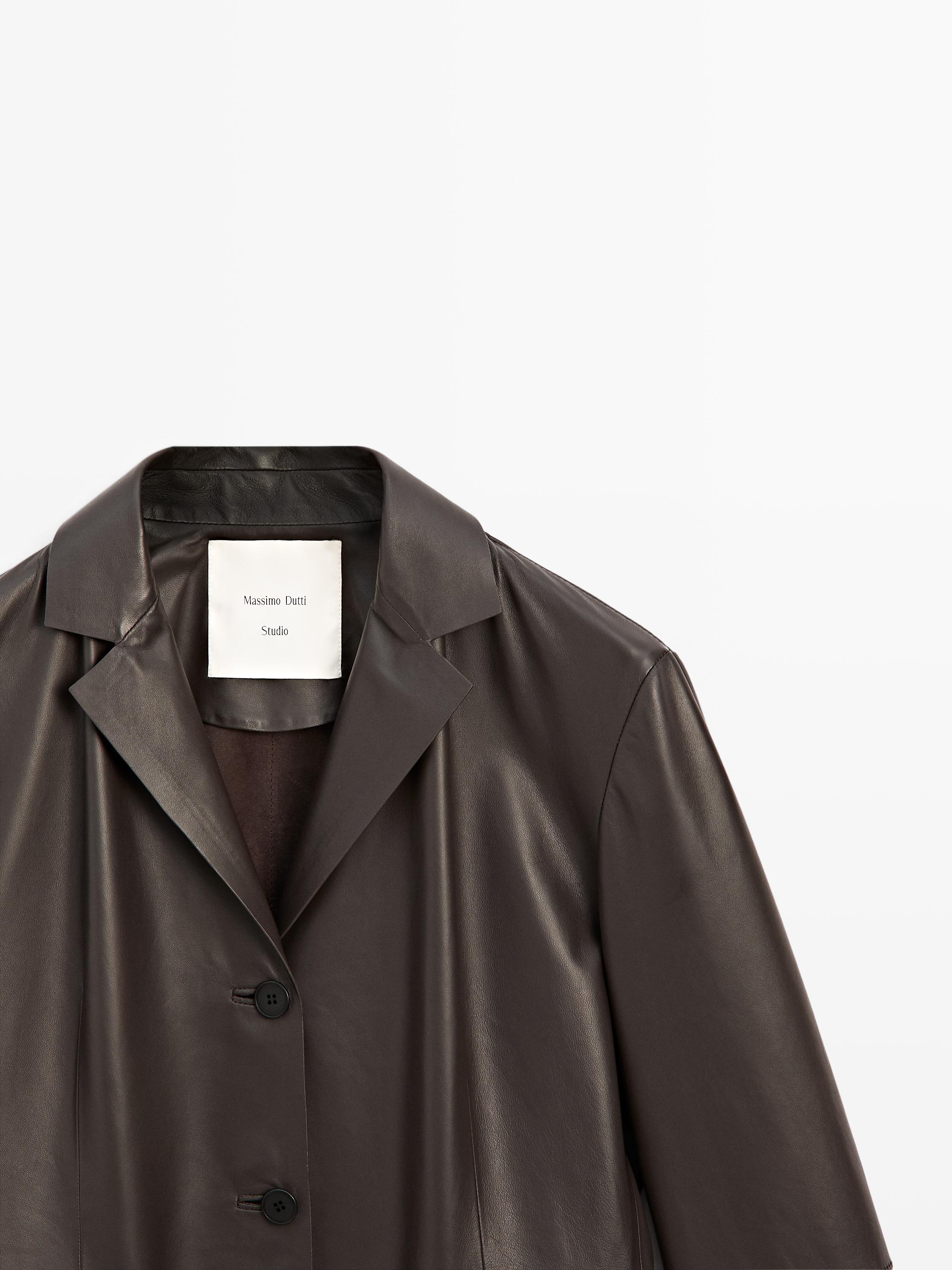 Leather blazer with lapel collar - STUDIO — BROWN (alternate view)