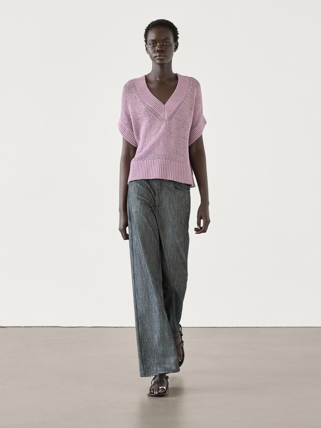 Short sleeve knit sweater with ribbed detail · Mauve · Sweaters And