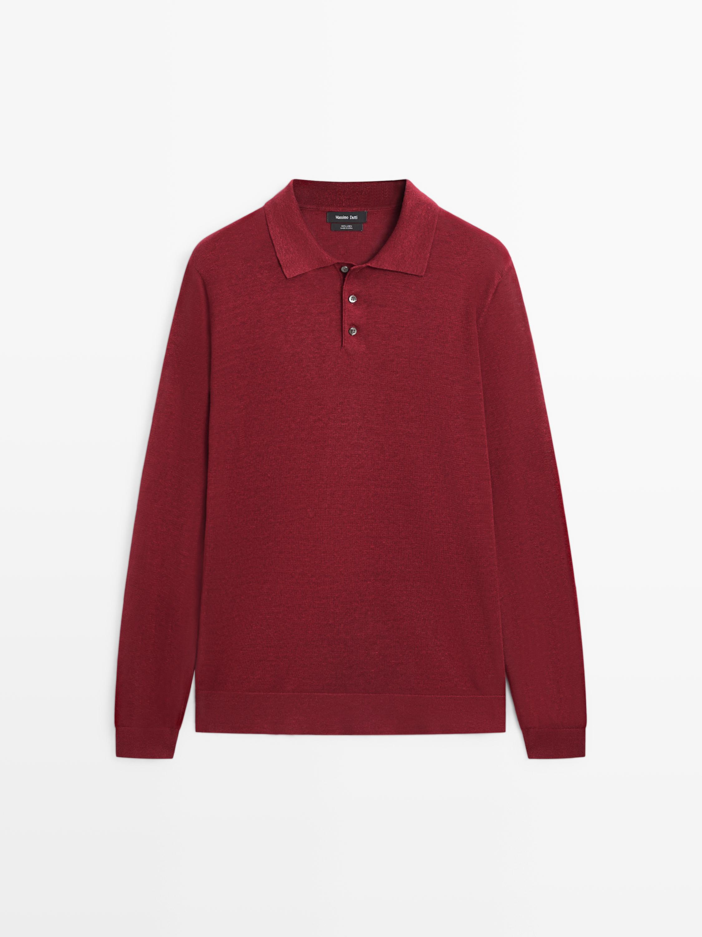 100% linen knit polo collar sweater — Wine Red