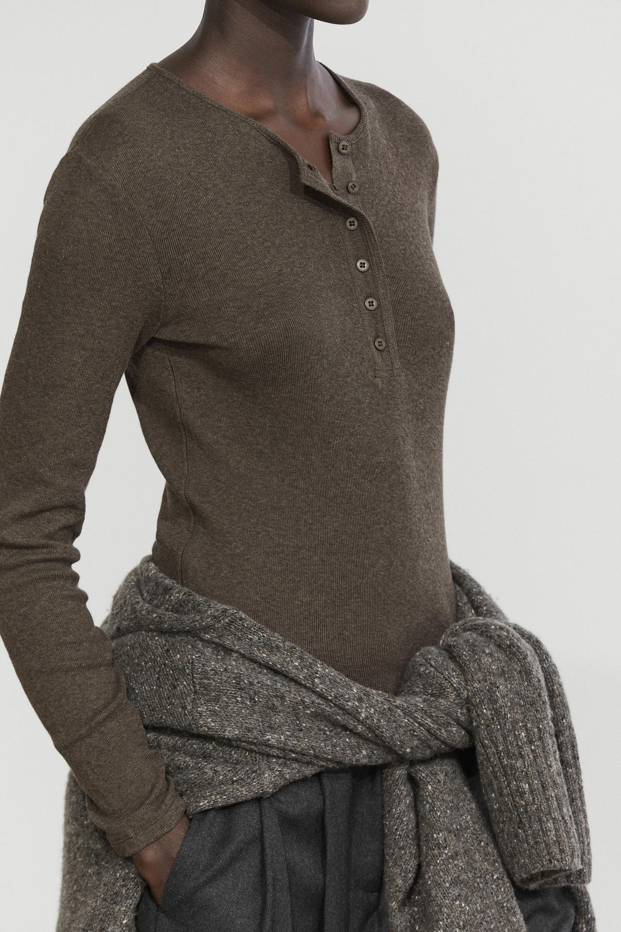 Long sleeve cotton blend henley — DARK KHAKI