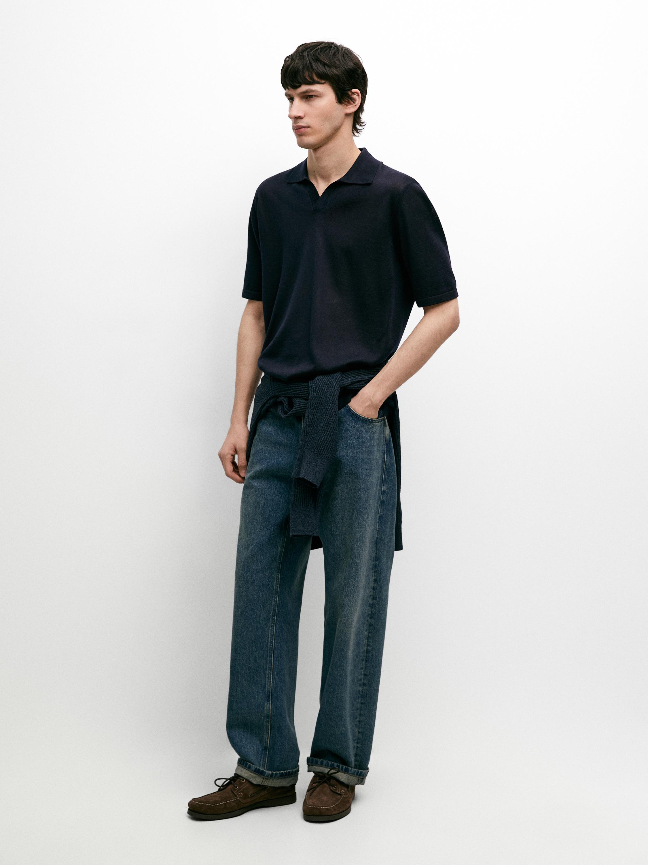 Knit V-neck polo shirt — NAVY BLUE