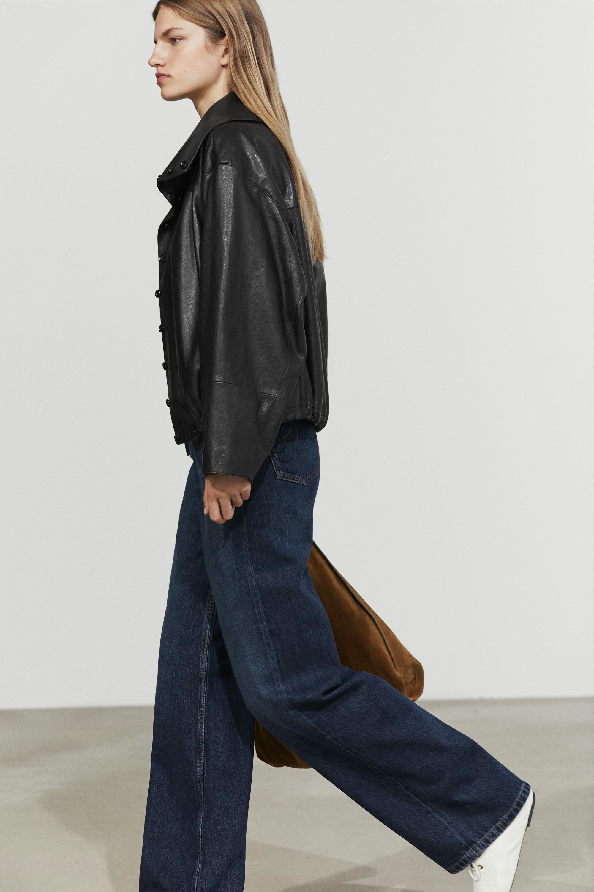Nappa leather bomber jacket with button detail — BLACK