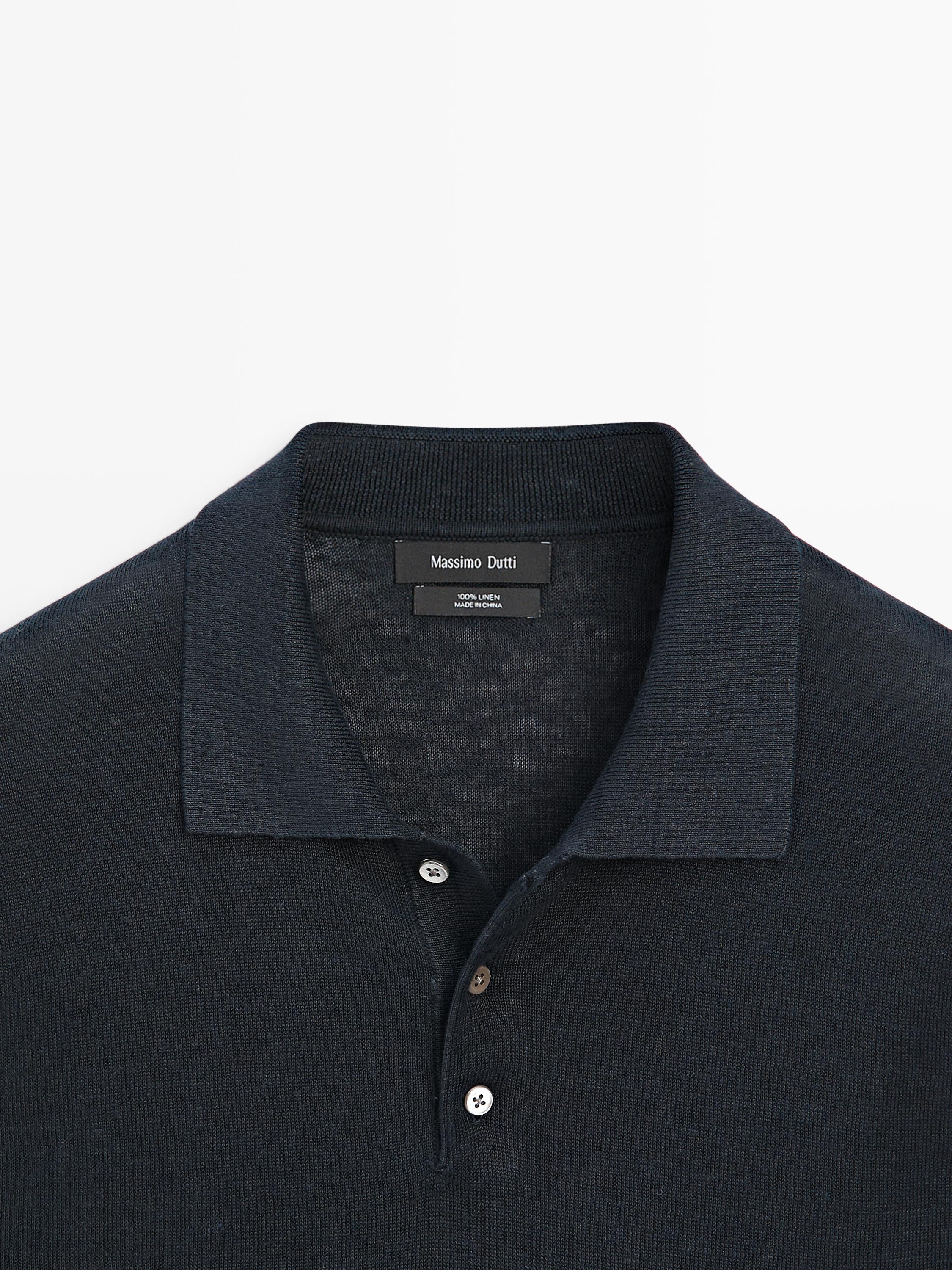 100% linen knit polo collar sweater — NAVY BLUE