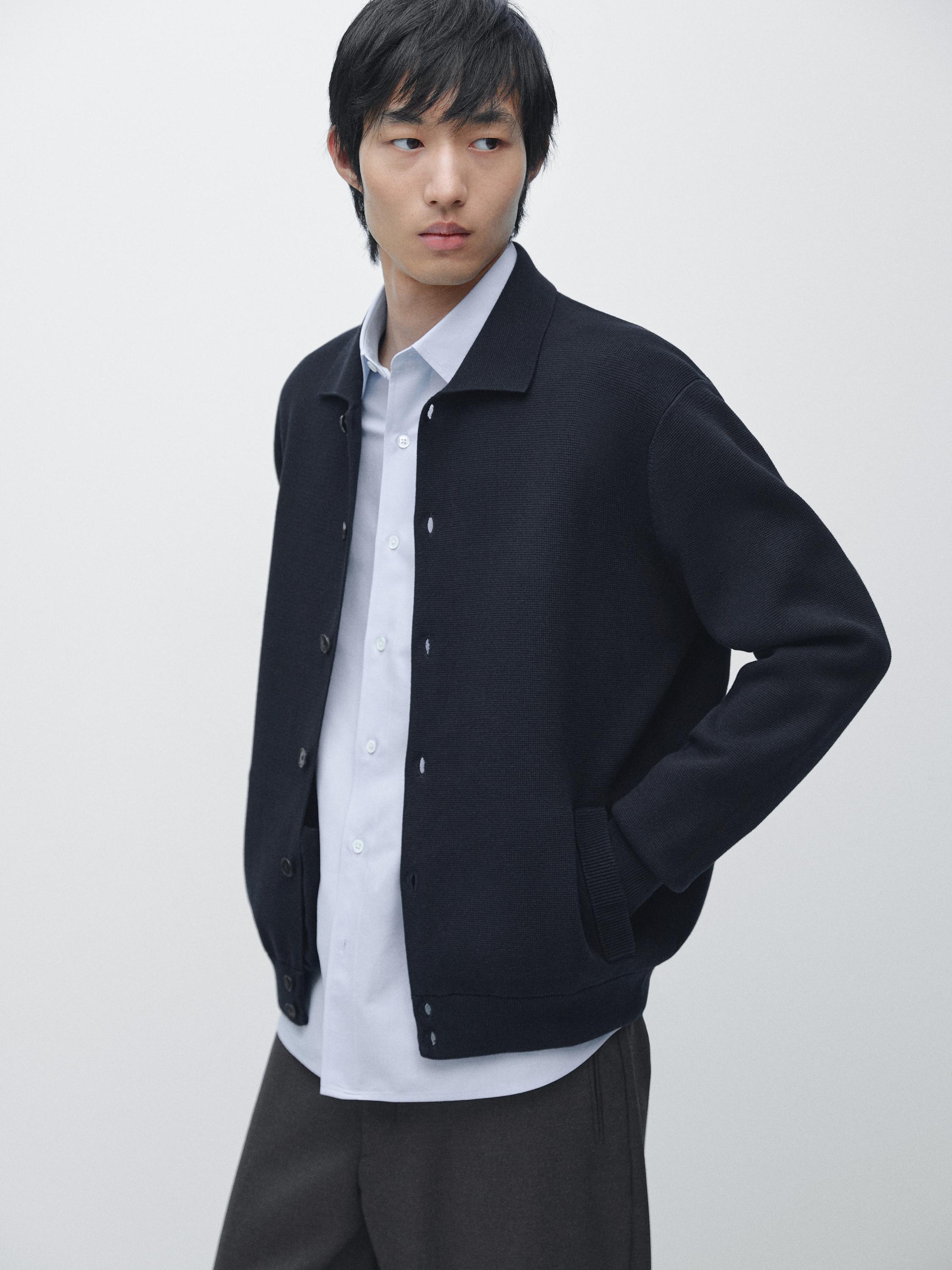 100% cotton knit cardigan with polo collar — NAVY BLUE