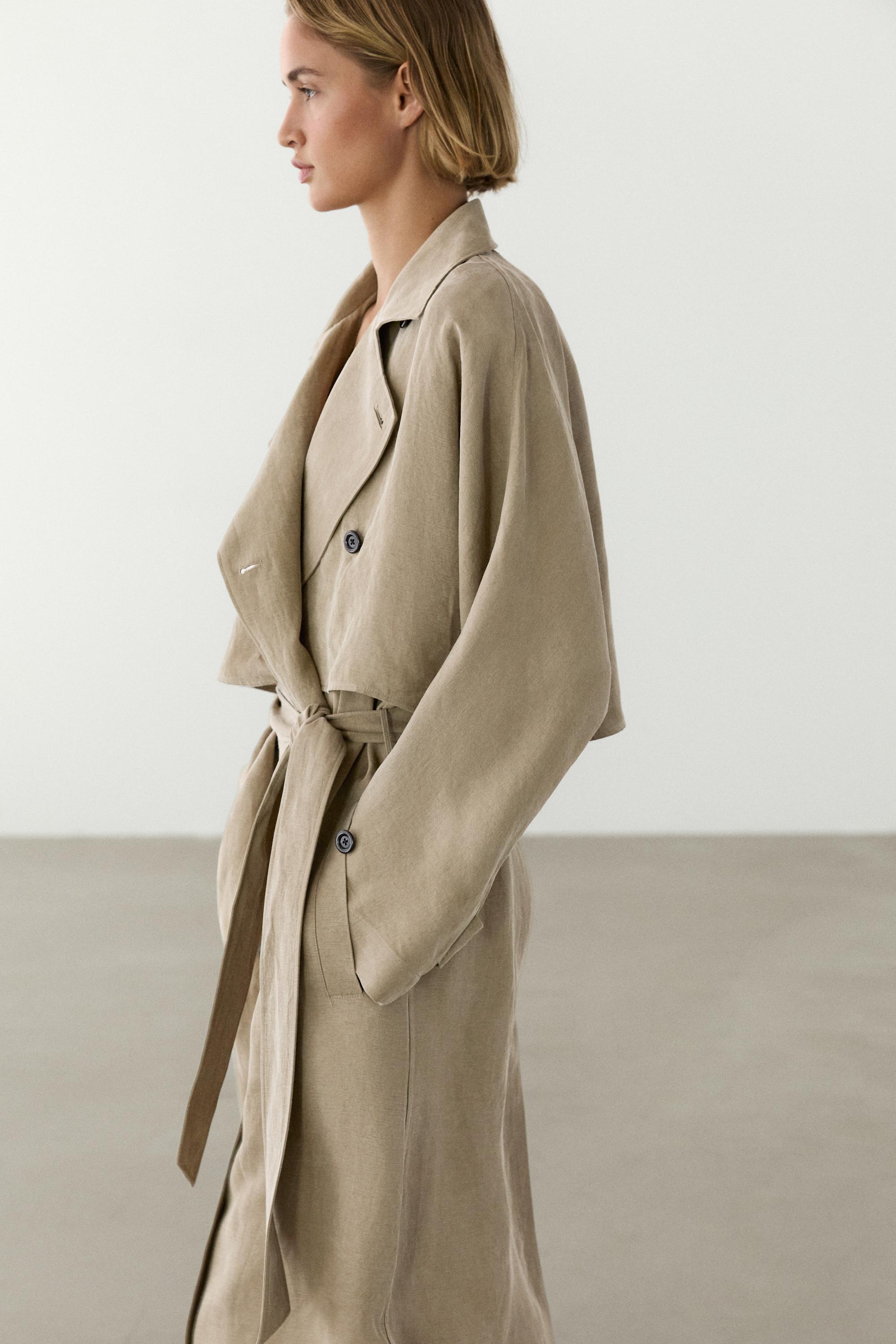 Linen blend trench coat with belt detail — SAND BROWN
